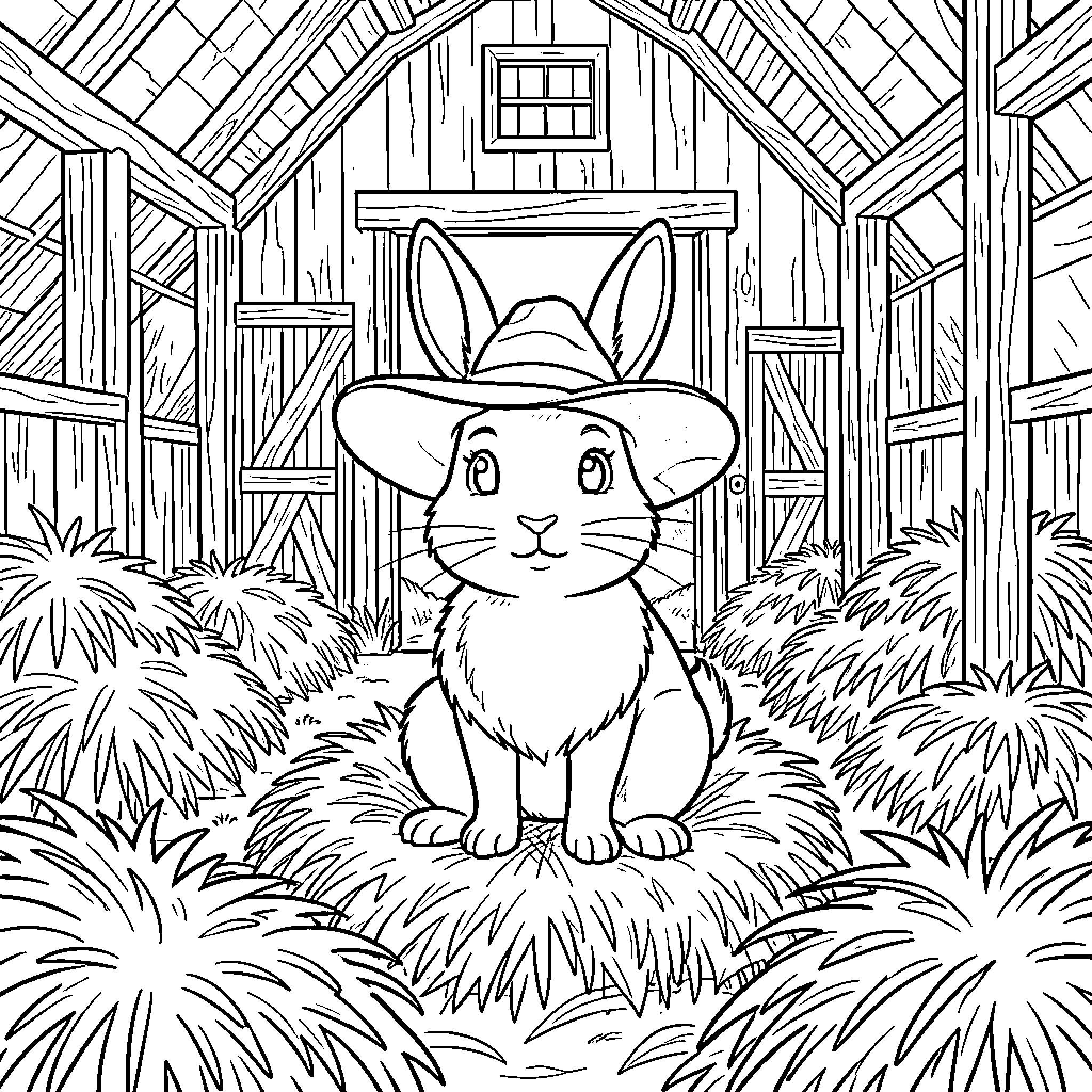 Rabbit exploring the farmhouse in the countryside Coloring Page (free black-and-white line drawing printable PDF for all, from beginners to advanced learners, including children, teens, adults, and seniors)