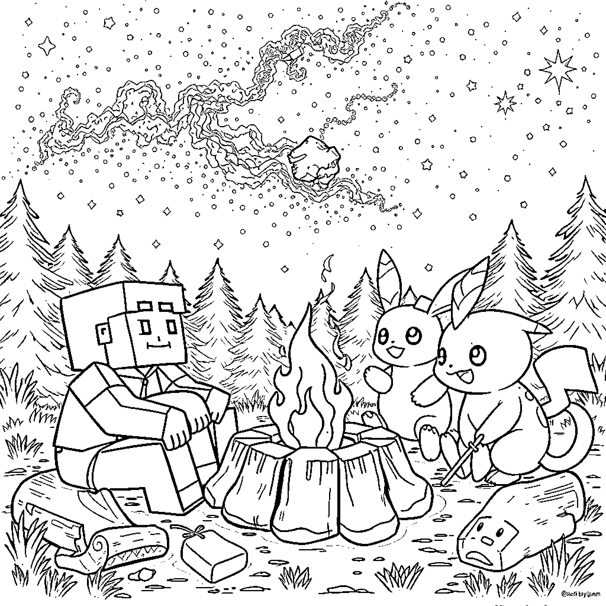 Minecraft Pokemon enjoying a cozy campfire scene Coloring Page (free black-and-white line drawing printable PDF for all, from beginners to advanced learners, including children, teens, adults, and seniors)