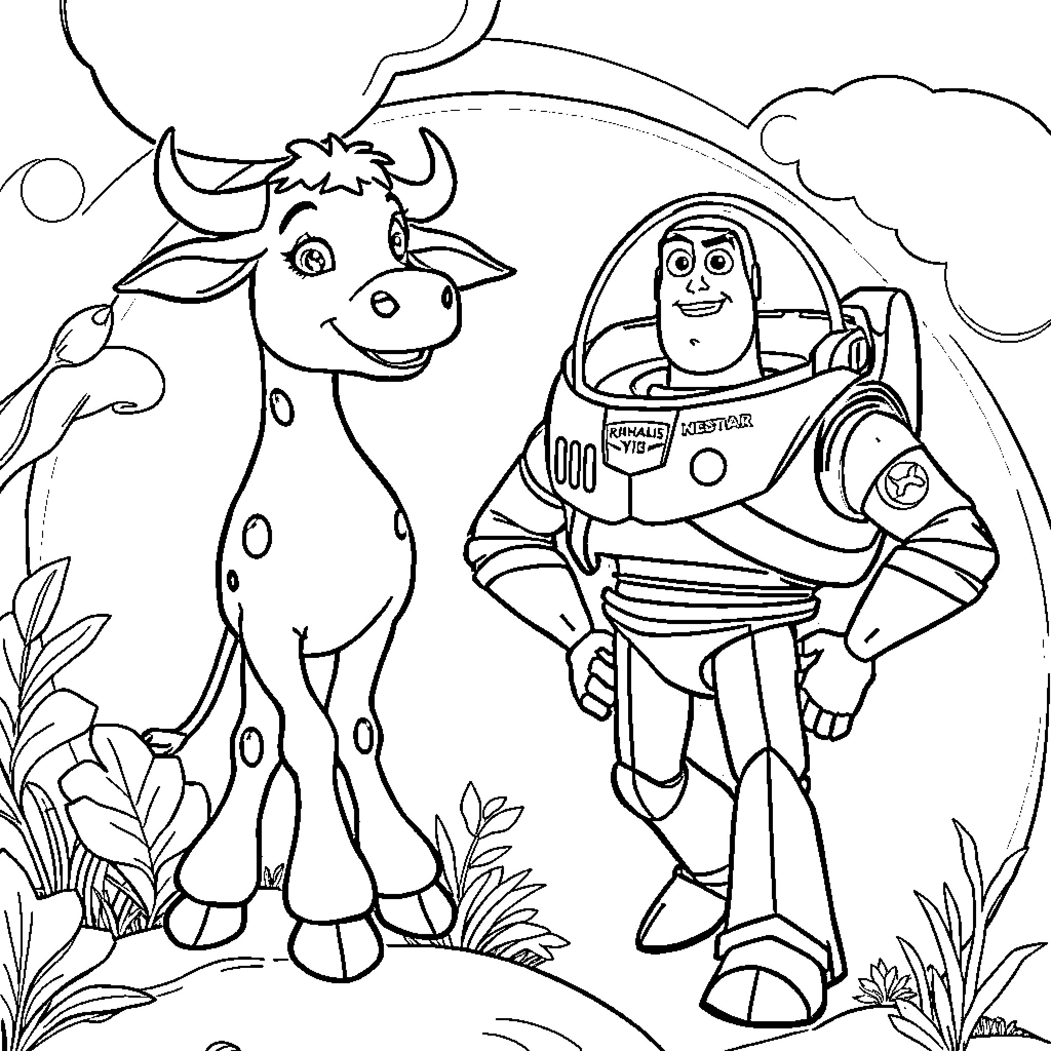 Vaca and the curious astronaut Coloring Page (free black-and-white line drawing printable PDF for all, from beginners to advanced learners, including children, teens, adults, and seniors)