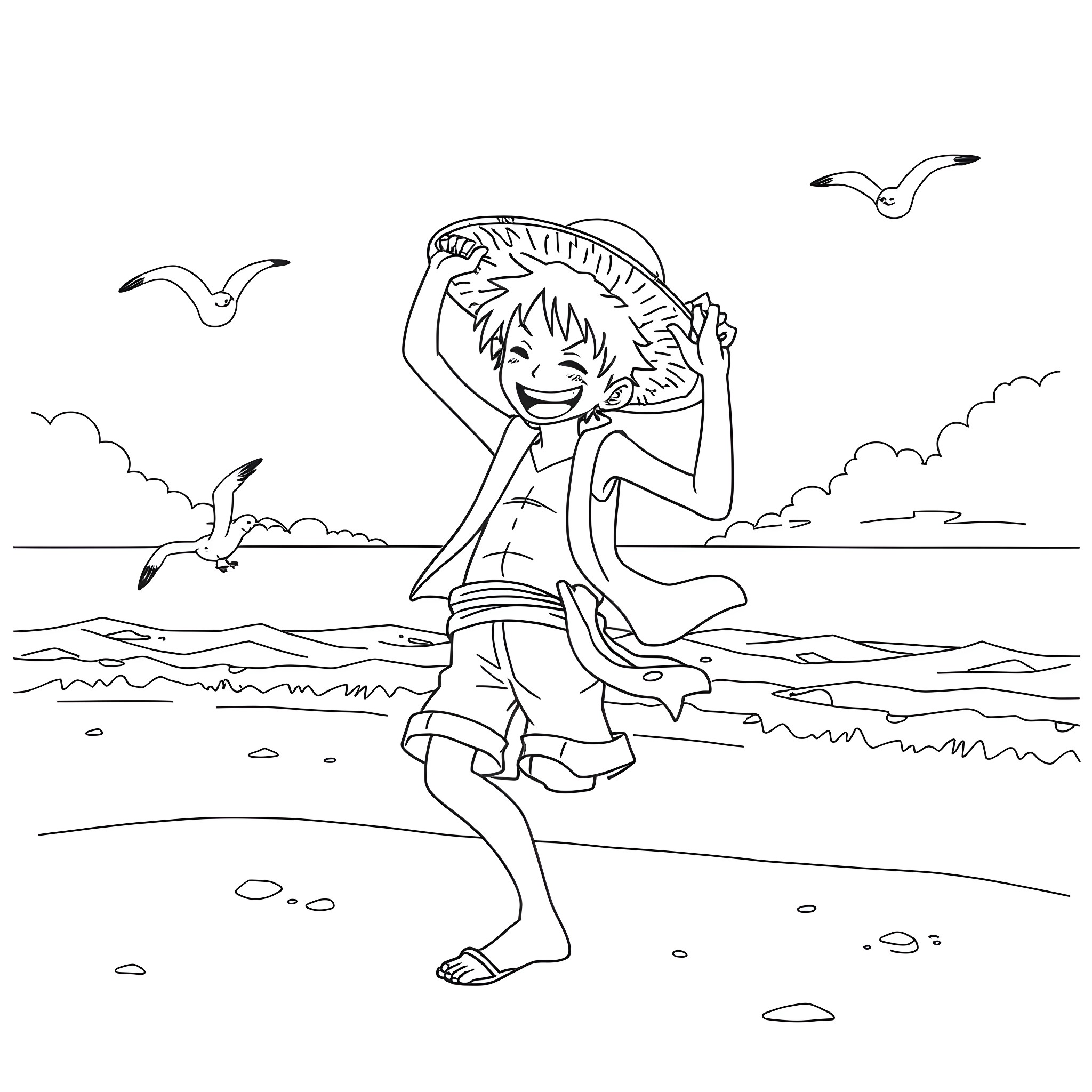 Monkey D Luffy enjoying the beach and ocean Coloring Page (free black-and-white line drawing printable PDF for all, from beginners to advanced learners, including children, teens, adults, and seniors)