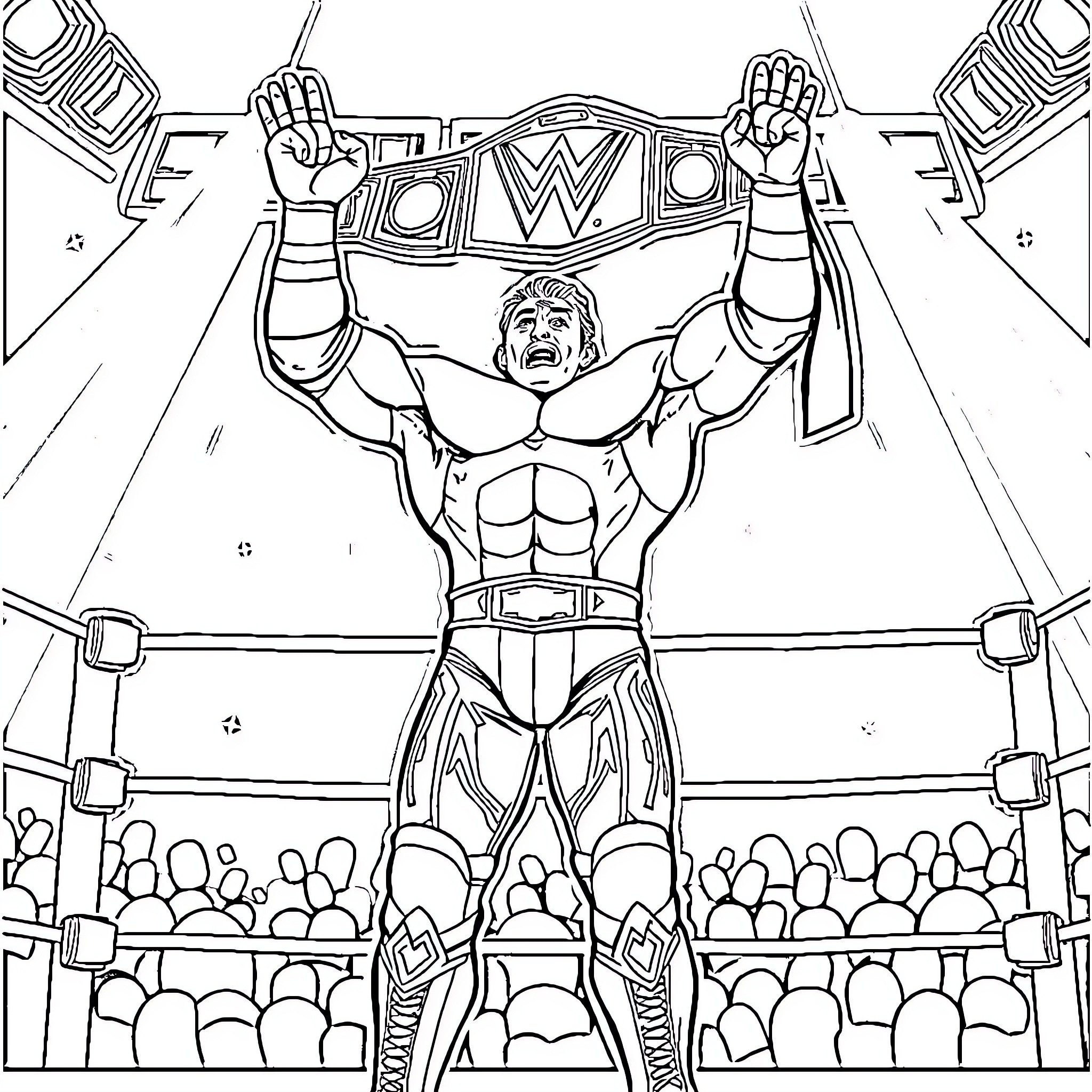 Penta el Zero Miedo Celebrates Victory in the Ring Coloring Page (free black-and-white line drawing printable PDF for all, from beginners to advanced learners, including children, teens, adults, and seniors)
