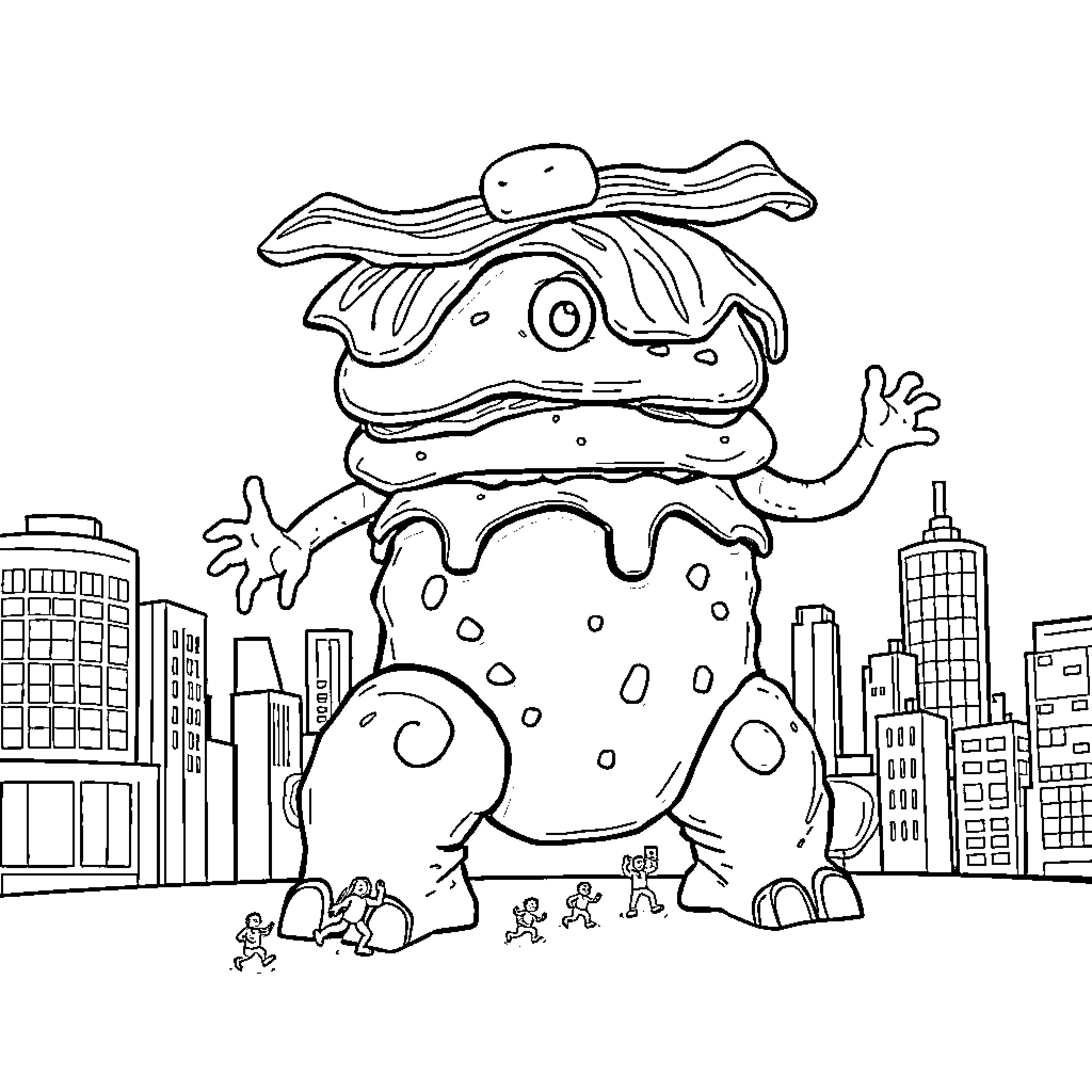 Pancake Monster Stomping Through the City Coloring Page (free black-and-white line drawing printable PDF for all, from beginners to advanced learners, including children, teens, adults, and seniors)