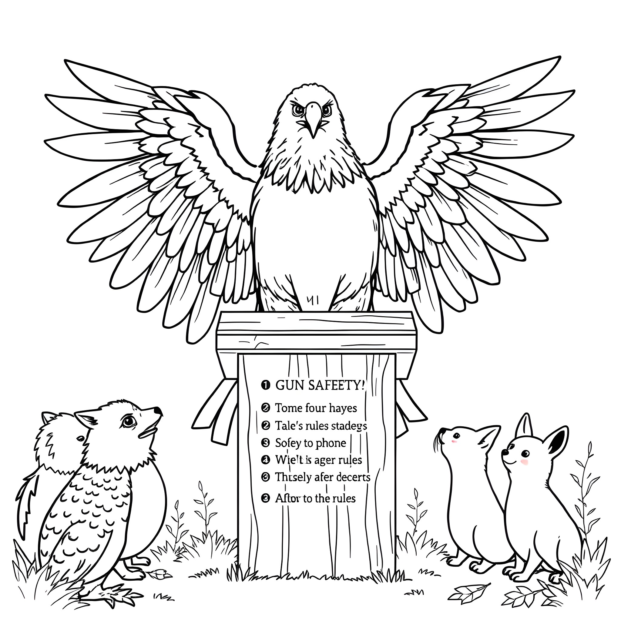 Eagle defending gun safety rules in the wild Coloring Page (free black-and-white line drawing printable PDF for all, from beginners to advanced learners, including children, teens, adults, and seniors)