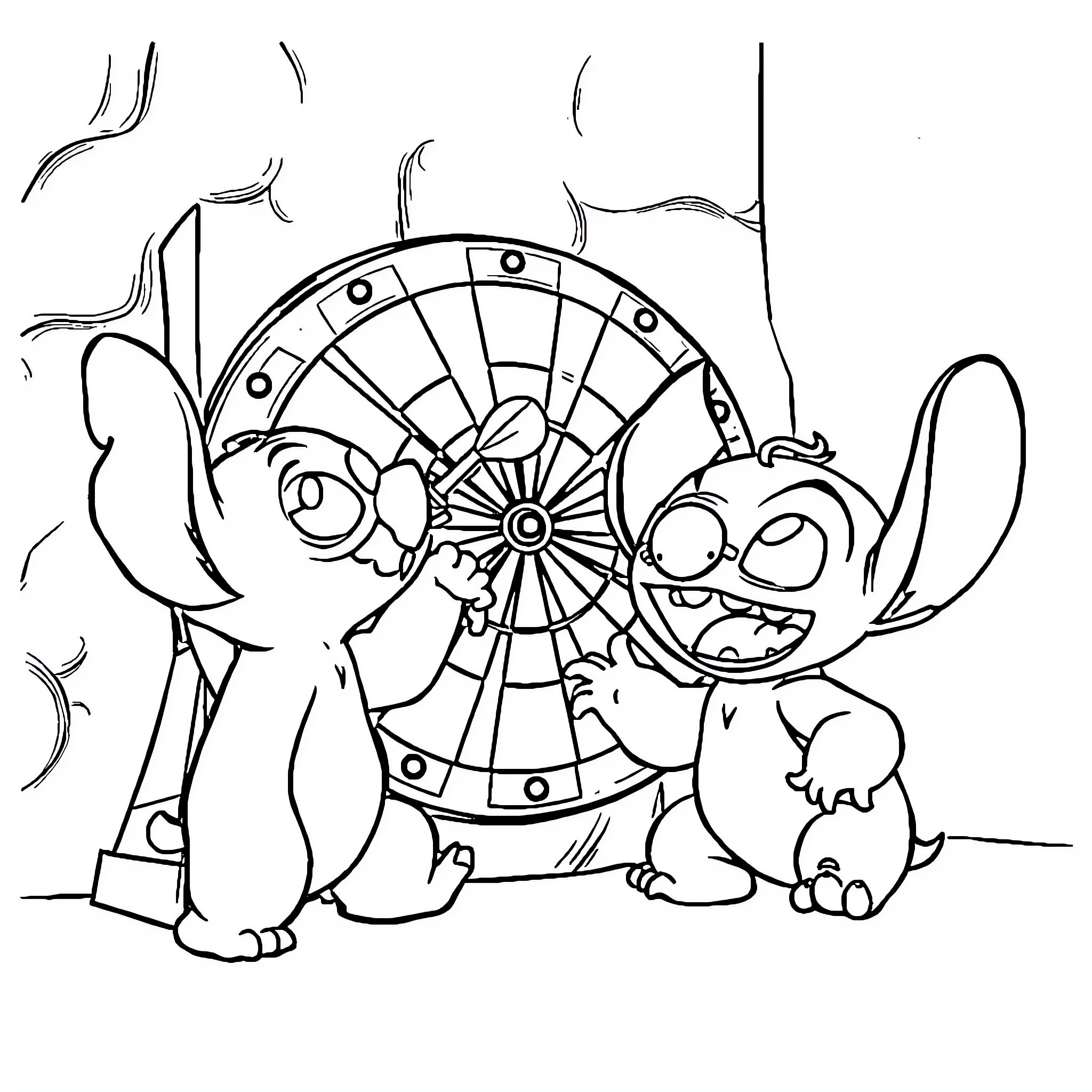 Labubu's Playful Dart Game Adventure Coloring Page (free black-and-white line drawing printable PDF for all, from beginners to advanced learners, including children, teens, adults, and seniors)