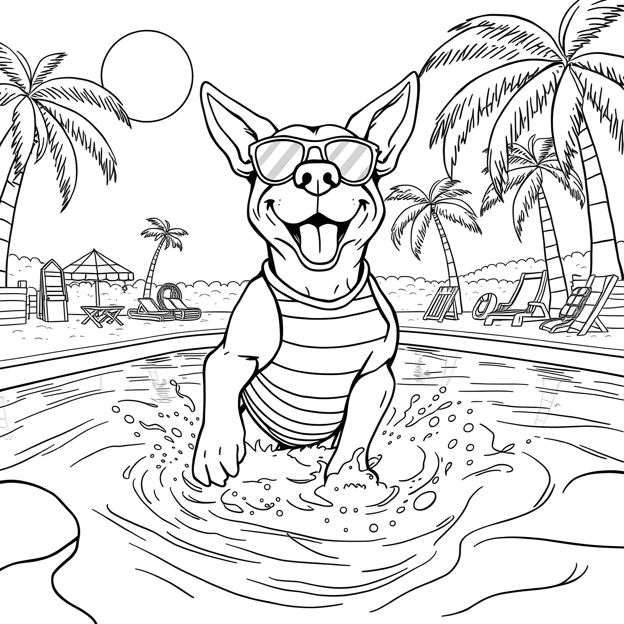 Dogman enjoying a refreshing swim at the tropical beach Coloring Page (free black-and-white line drawing printable PDF for all, from beginners to advanced learners, including children, teens, adults, and seniors)