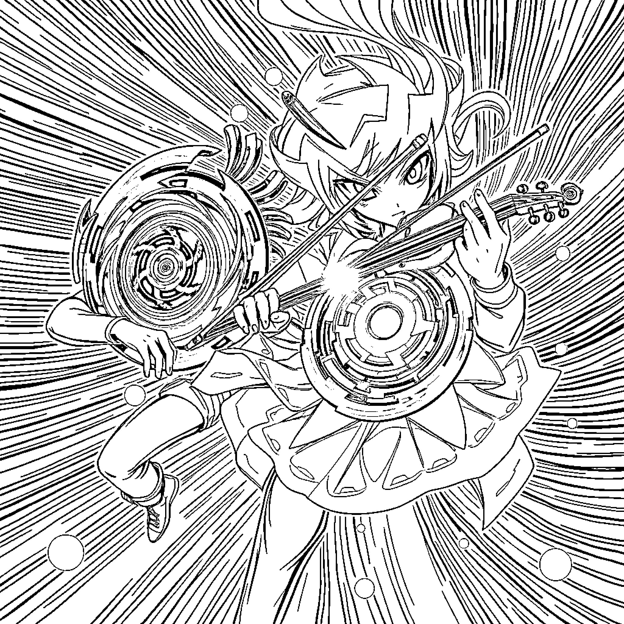 Beyblade Burst Attacking Action Coloring Page (free black-and-white line drawing printable PDF for all, from beginners to advanced learners, including children, teens, adults, and seniors)