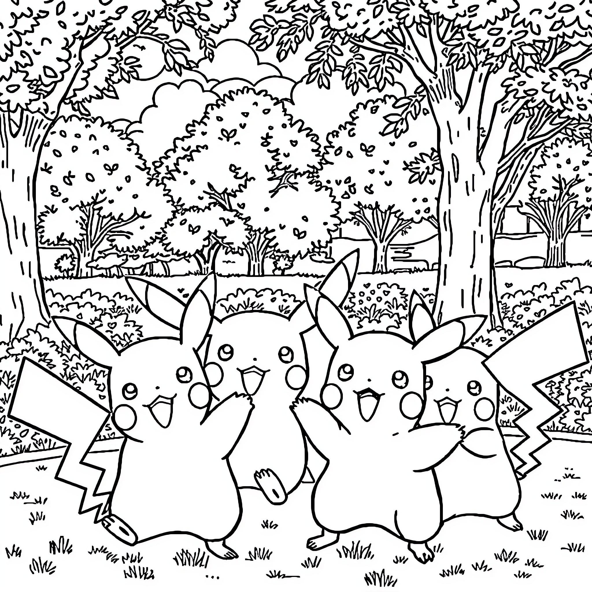 Pikachu and Friends Explore the Enchanted Forest Coloring Page (free black-and-white line drawing printable PDF for all, from beginners to advanced learners, including children, teens, adults, and seniors)