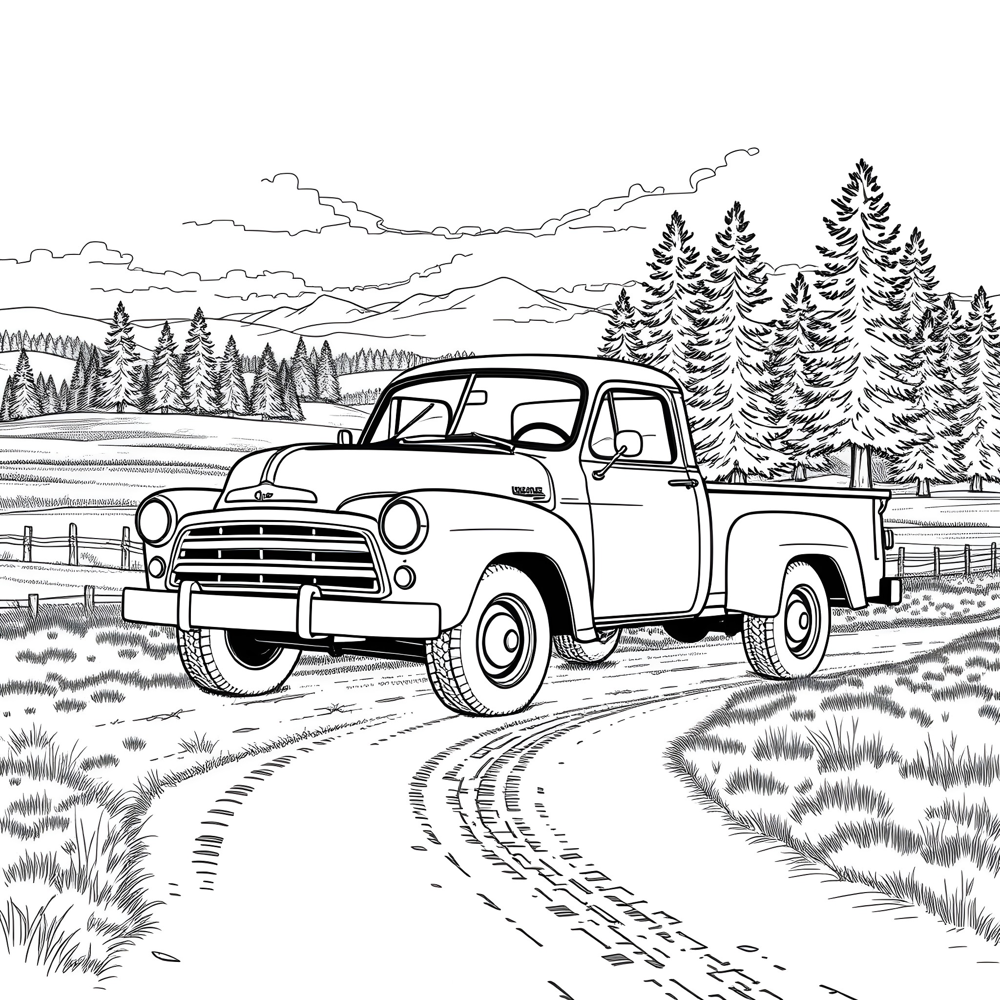 Truck on a winding rural road through pine forest Coloring Page (free black-and-white line drawing printable PDF for all, from beginners to advanced learners, including children, teens, adults, and seniors)