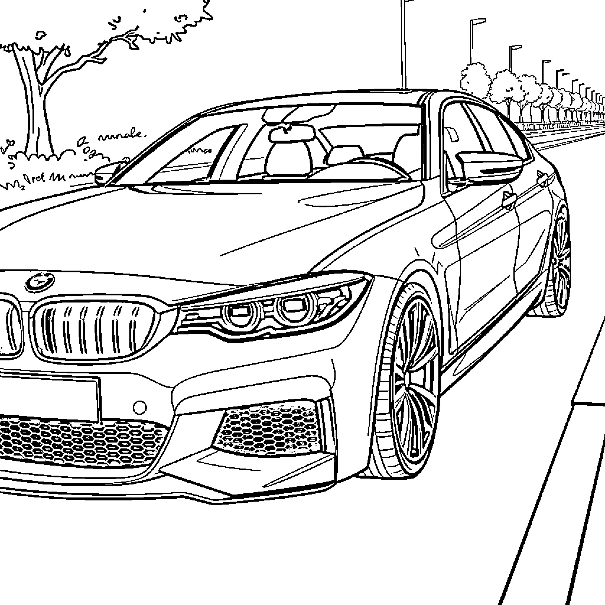 Car racing on winding road Coloring Page (free black-and-white line drawing printable PDF for all, from beginners to advanced learners, including children, teens, adults, and seniors)