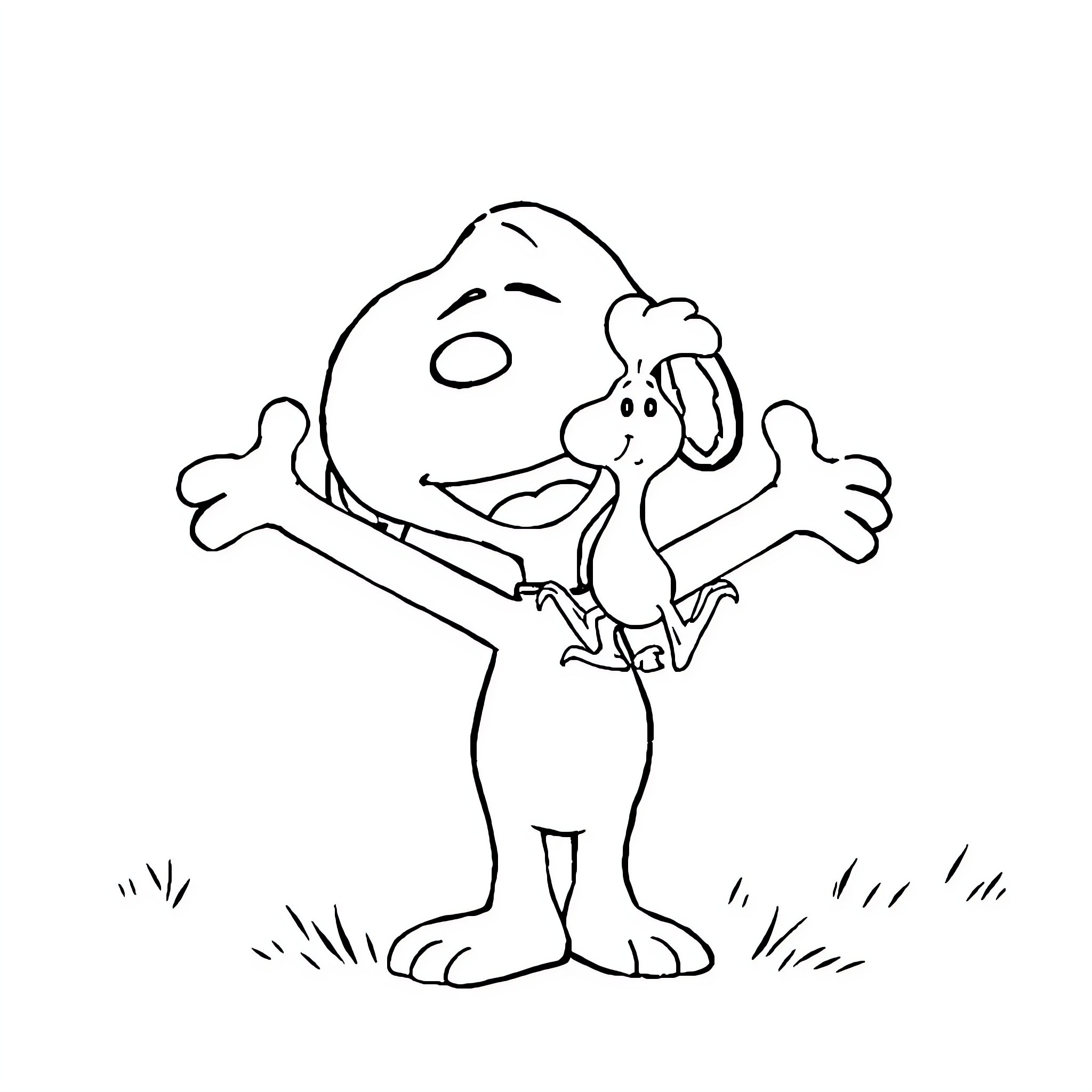 Snoopy Happily Stretching Outdoors Coloring Page (free black-and-white line drawing printable PDF for all, from beginners to advanced learners, including children, teens, adults, and seniors)