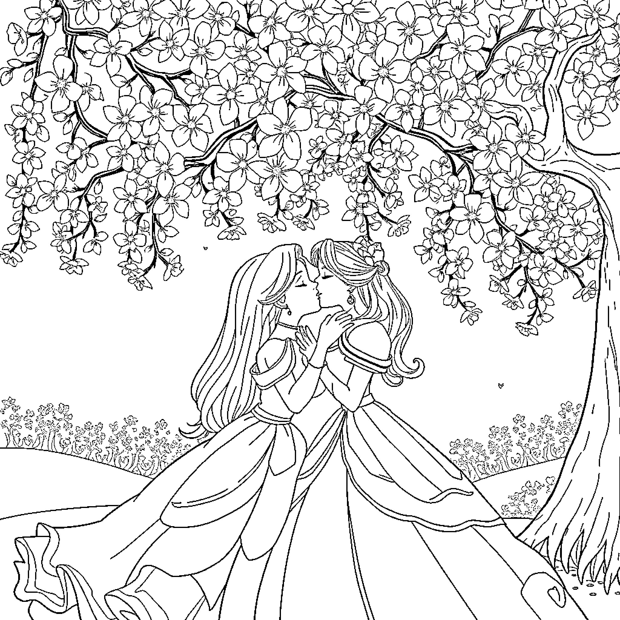Princess in elegant gown embracing under blossoming tree Coloring Page (free black-and-white line drawing printable PDF for all, from beginners to advanced learners, including children, teens, adults, and seniors)