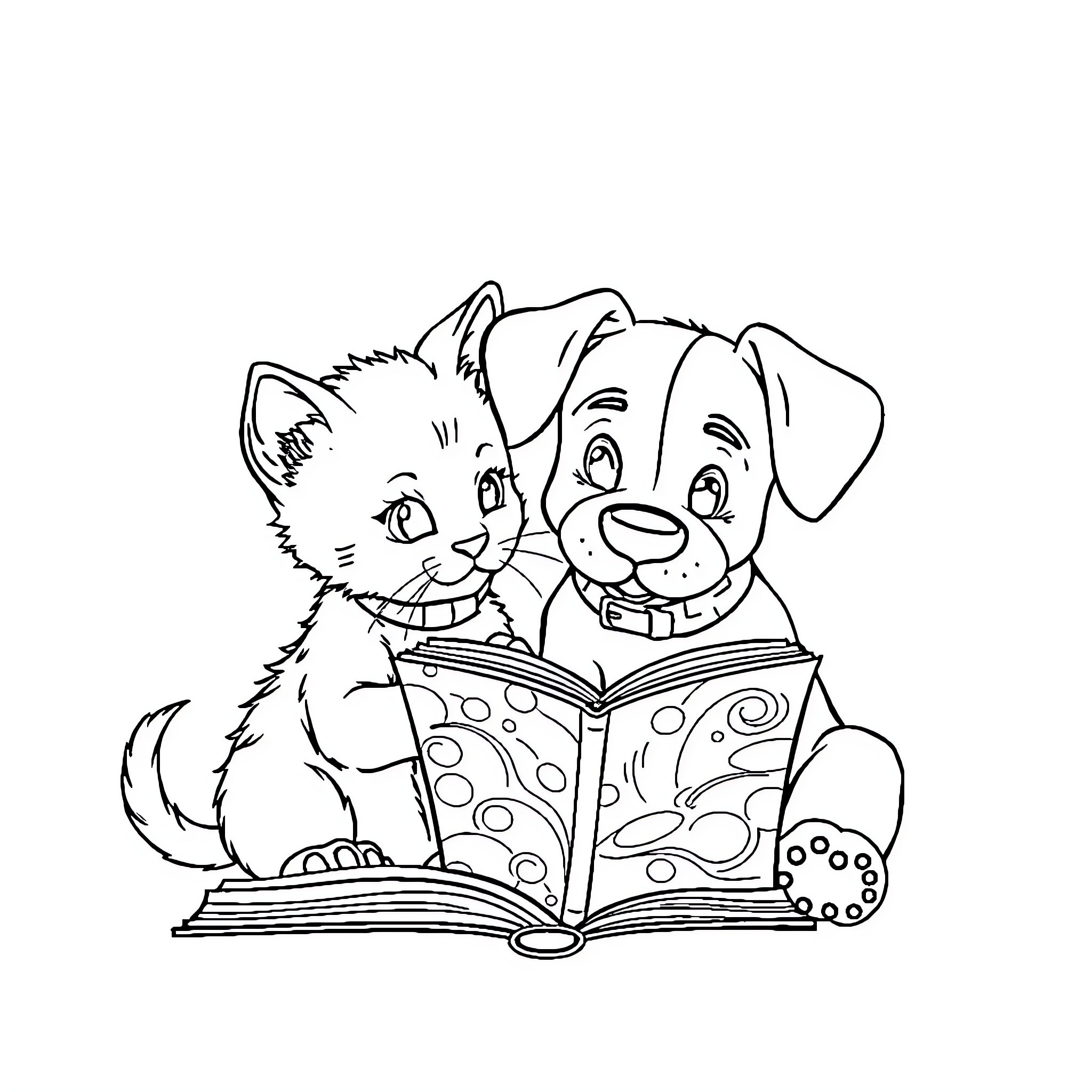 Kitten and Puppy Reading a Book Together Coloring Page (free black-and-white line drawing printable PDF for all, from beginners to advanced learners, including children, teens, adults, and seniors)