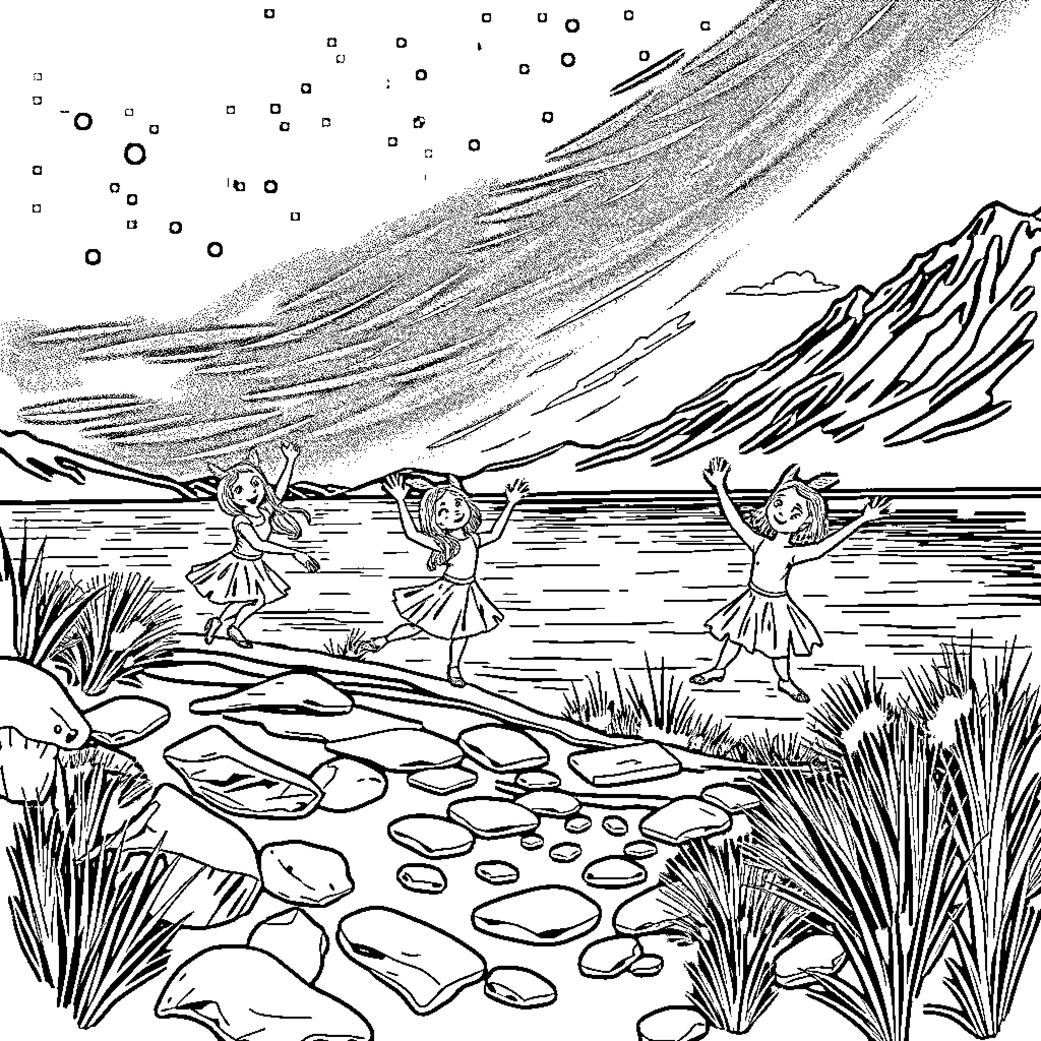 Brainrot: Mystical Beings Frolicking in Nature Coloring Page (free black-and-white line drawing printable PDF for all, from beginners to advanced learners, including children, teens, adults, and seniors)