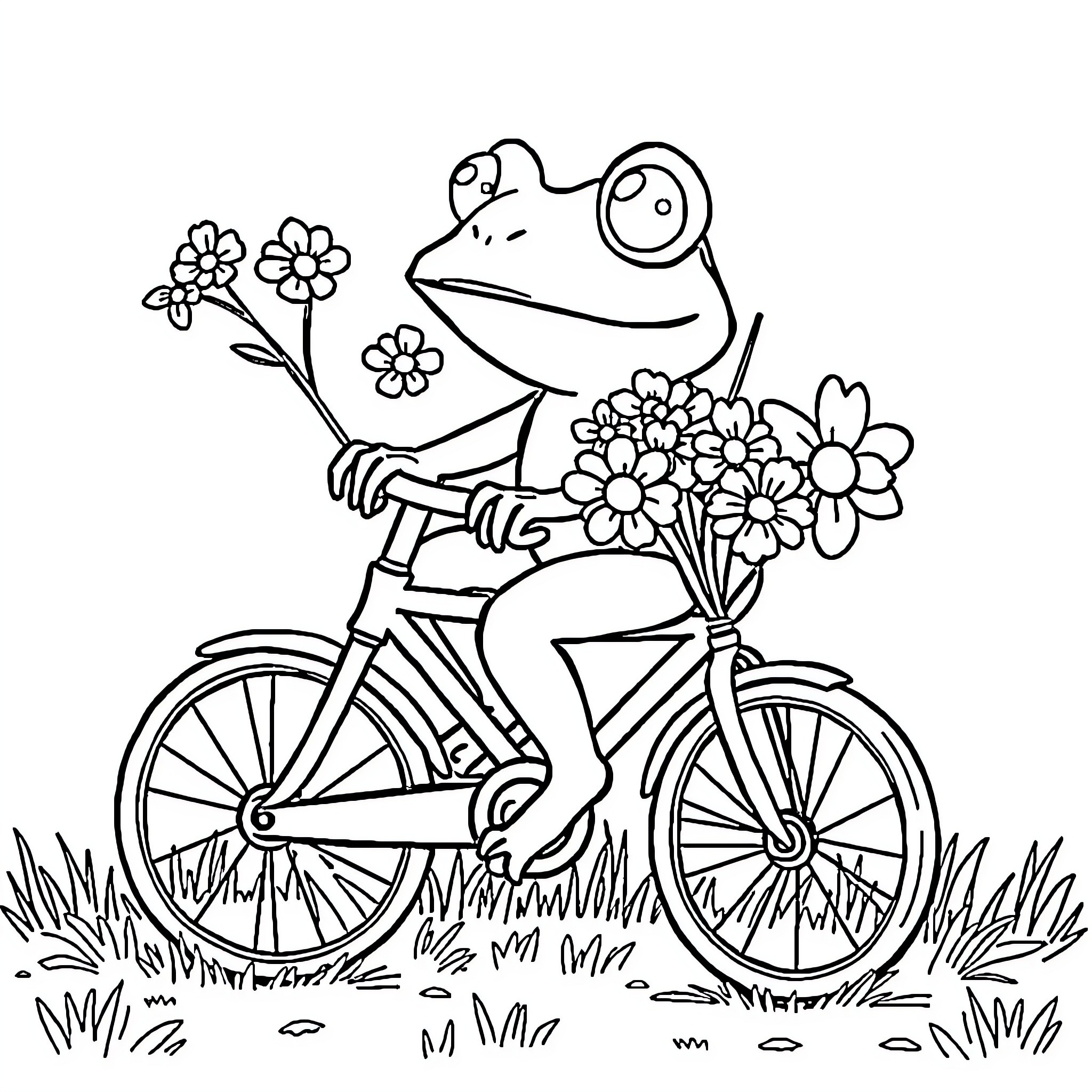 Frog riding a bicycle with flowers Coloring Page (free black-and-white line drawing printable PDF for all, from beginners to advanced learners, including children, teens, adults, and seniors)