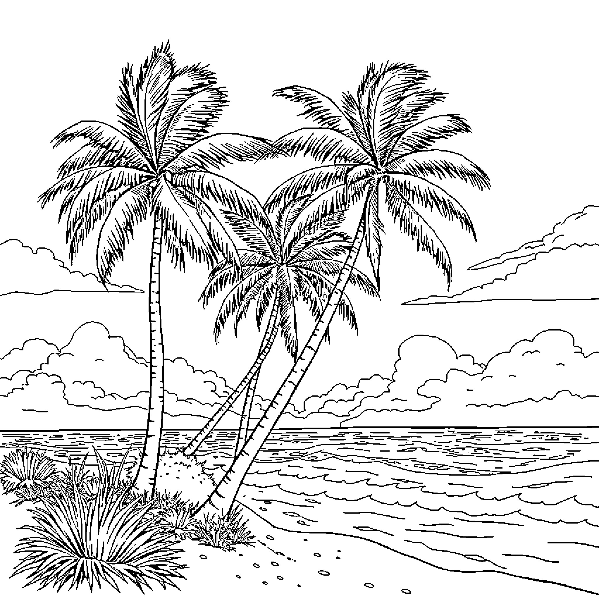 Sonic enjoying a tropical beach scene Coloring Page (free black-and-white line drawing printable PDF for all, from beginners to advanced learners, including children, teens, adults, and seniors)