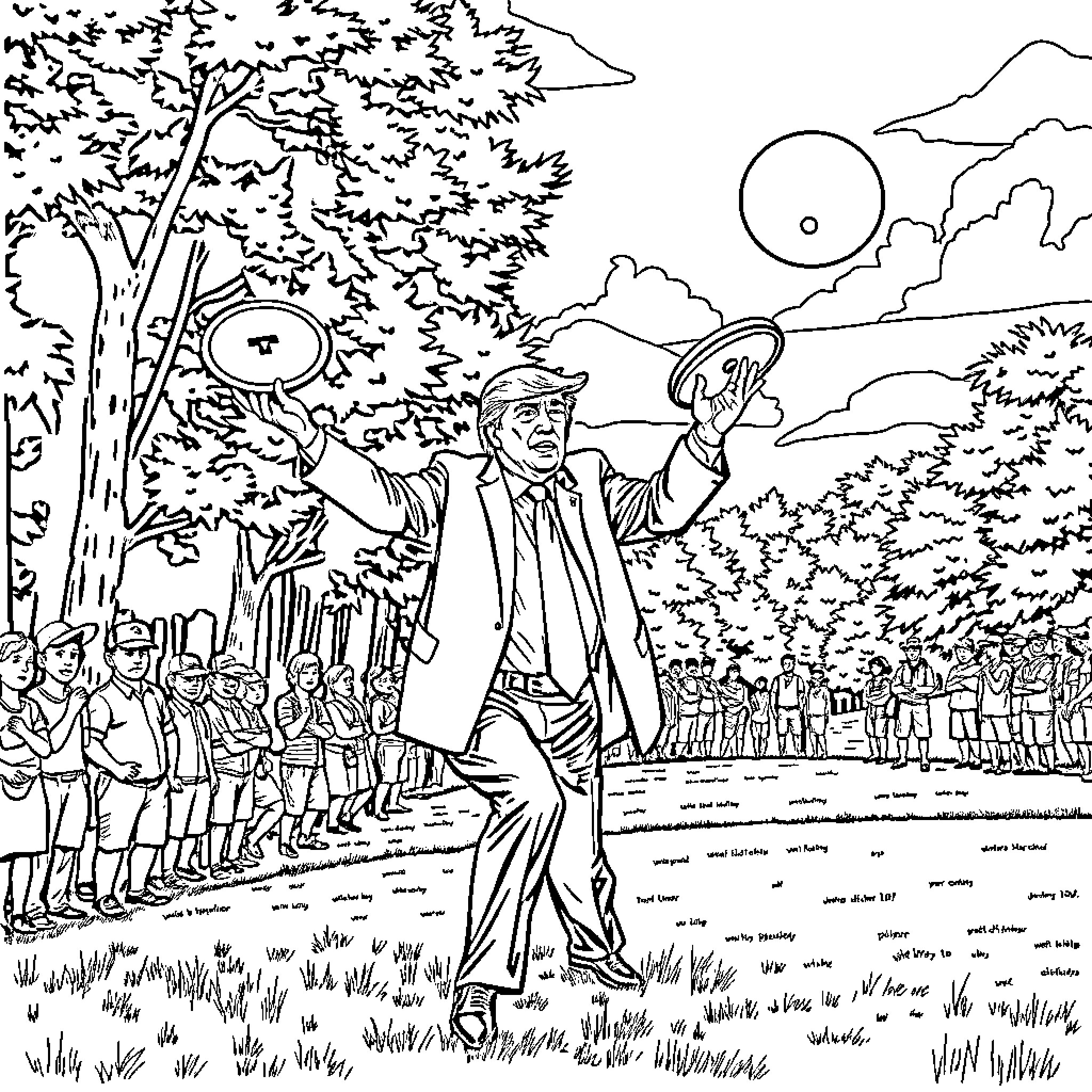 Donald Trump Holding Rally in the Park Coloring Page (free black-and-white line drawing printable PDF for all, from beginners to advanced learners, including children, teens, adults, and seniors)