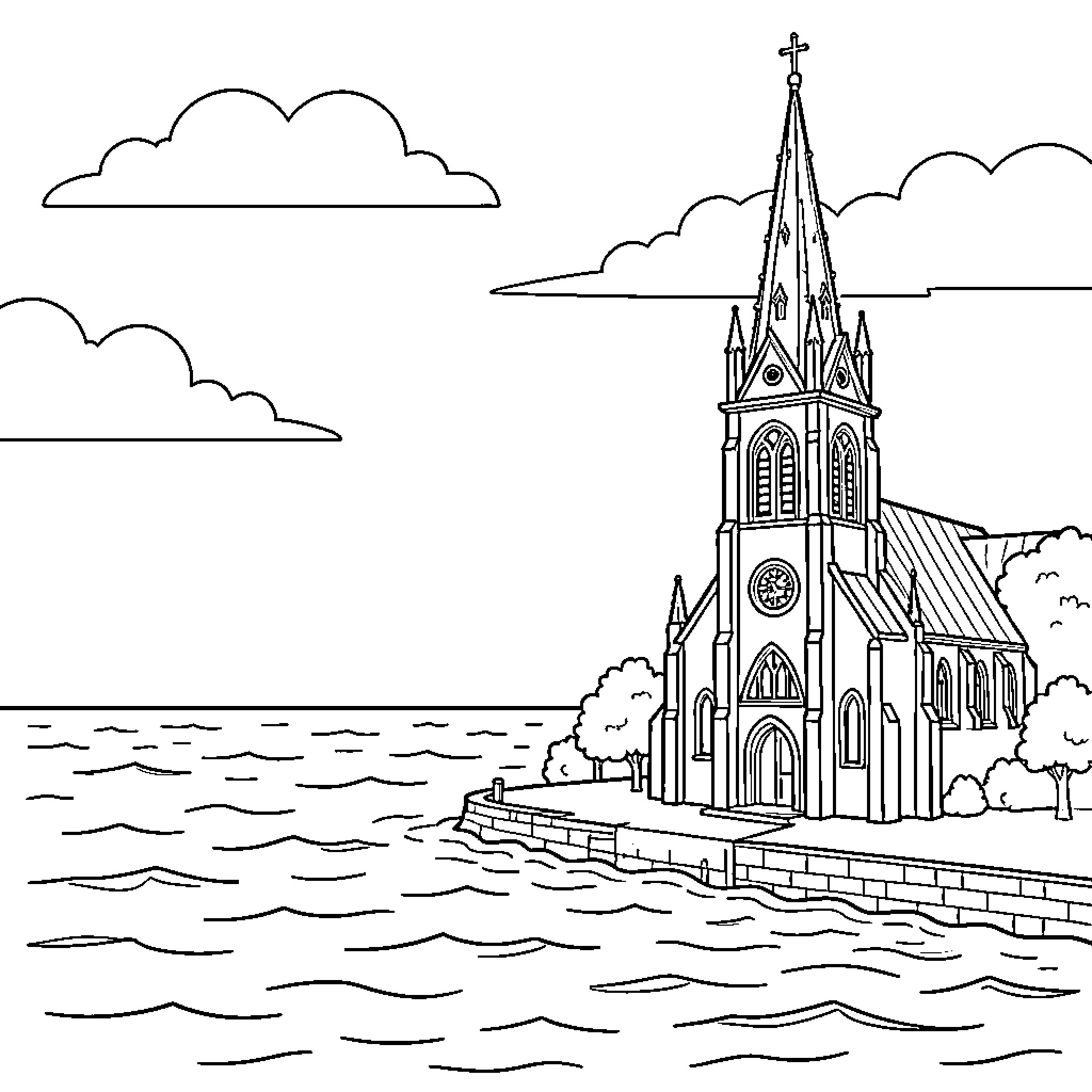 Sea waves lapping against a coastal church building Coloring Page (free black-and-white line drawing printable PDF for all, from beginners to advanced learners, including children, teens, adults, and seniors)