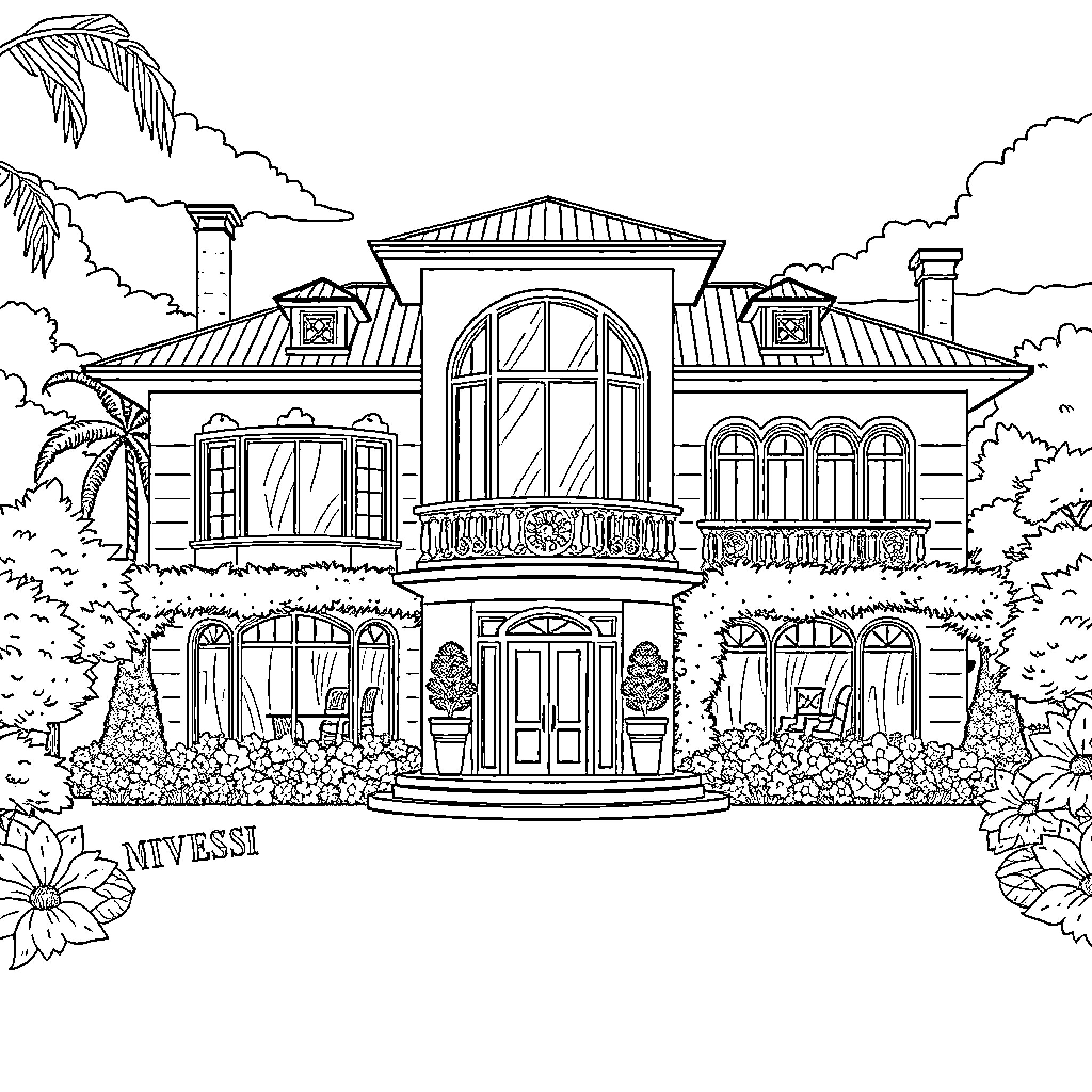 House with Intricate Architecture and Landscaping Coloring Page (free black-and-white line drawing printable PDF for all, from beginners to advanced learners, including children, teens, adults, and seniors)
