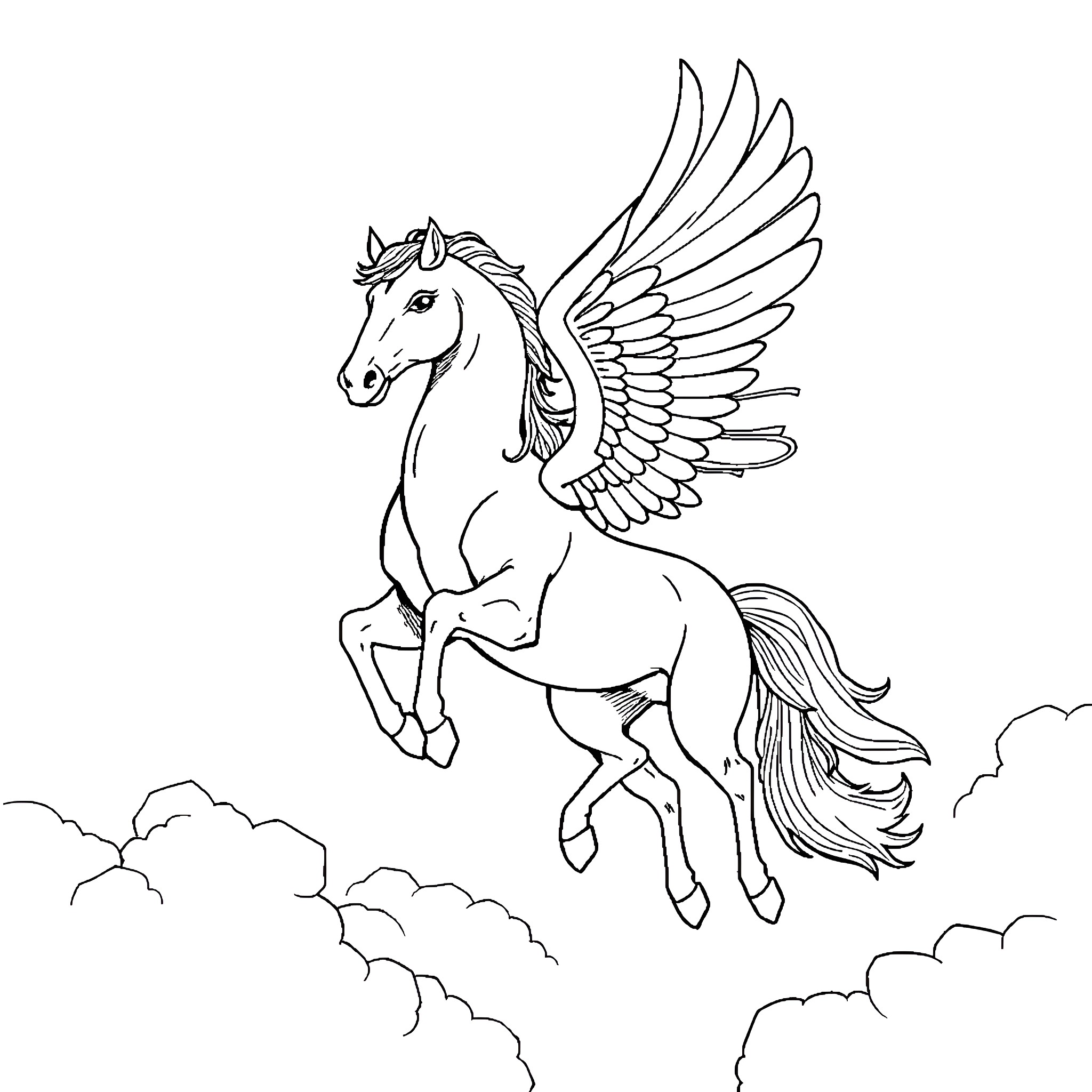 Pegasus soaring gracefully through the clouds Coloring Page (free black-and-white line drawing printable PDF for all, from beginners to advanced learners, including children, teens, adults, and seniors)