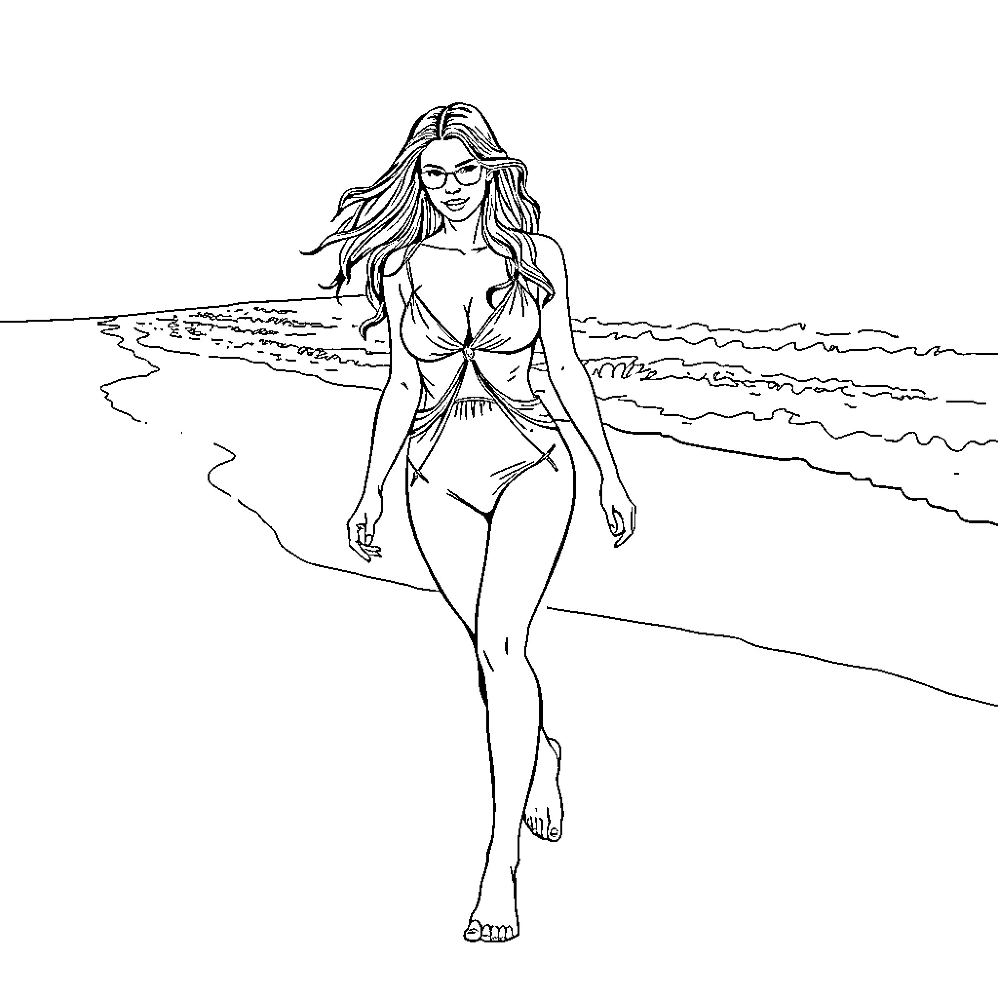 Megan Fox in a Bikini Walking on the Beach Coloring Page (free black-and-white line drawing printable PDF for all, from beginners to advanced learners, including children, teens, adults, and seniors)
