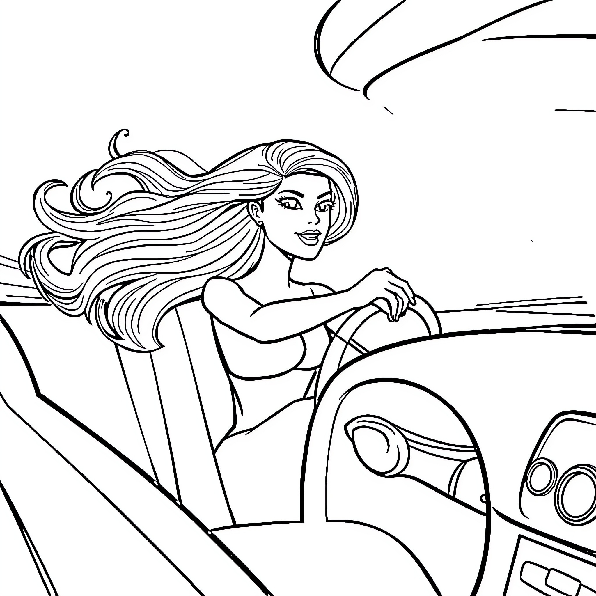 Barbie driving a sports car with flowing hair Coloring Page (free black-and-white line drawing printable PDF for all, from beginners to advanced learners, including children, teens, adults, and seniors)