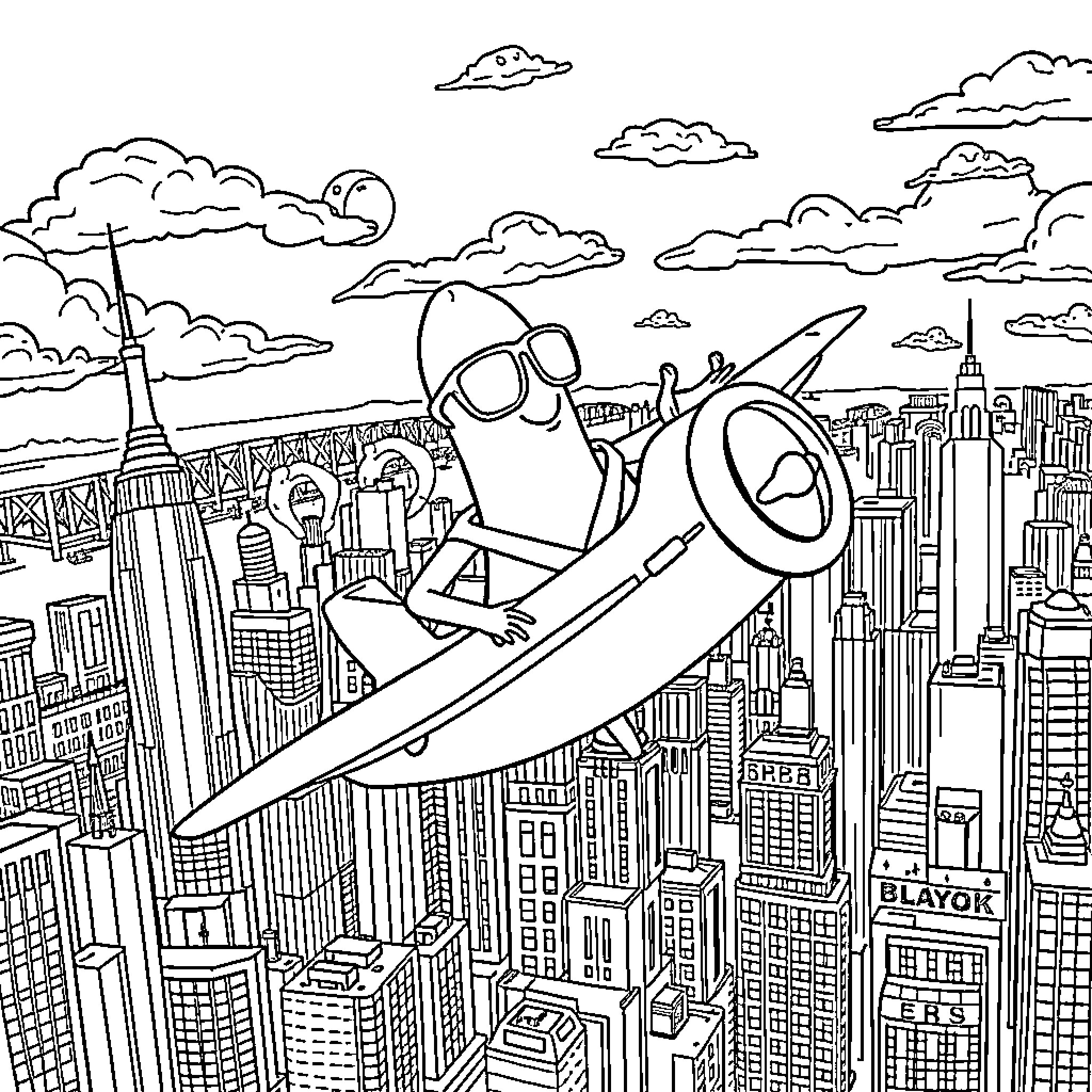 Banana Skydiving Over City Skyline Coloring Page (free black-and-white line drawing printable PDF for all, from beginners to advanced learners, including children, teens, adults, and seniors)