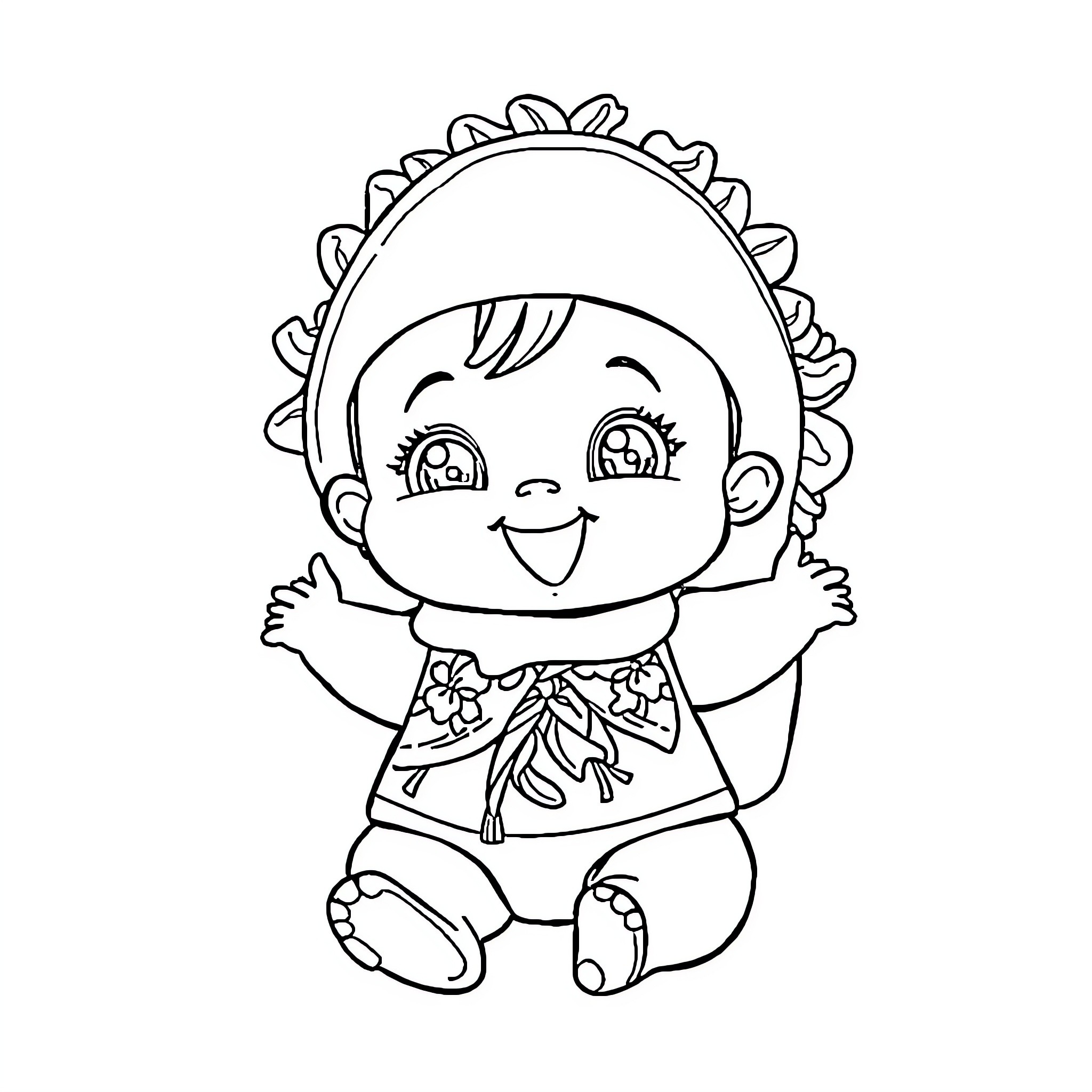 Taco-themed baby doll with cheerful expression Coloring Page (free black-and-white line drawing printable PDF for all, from beginners to advanced learners, including children, teens, adults, and seniors)