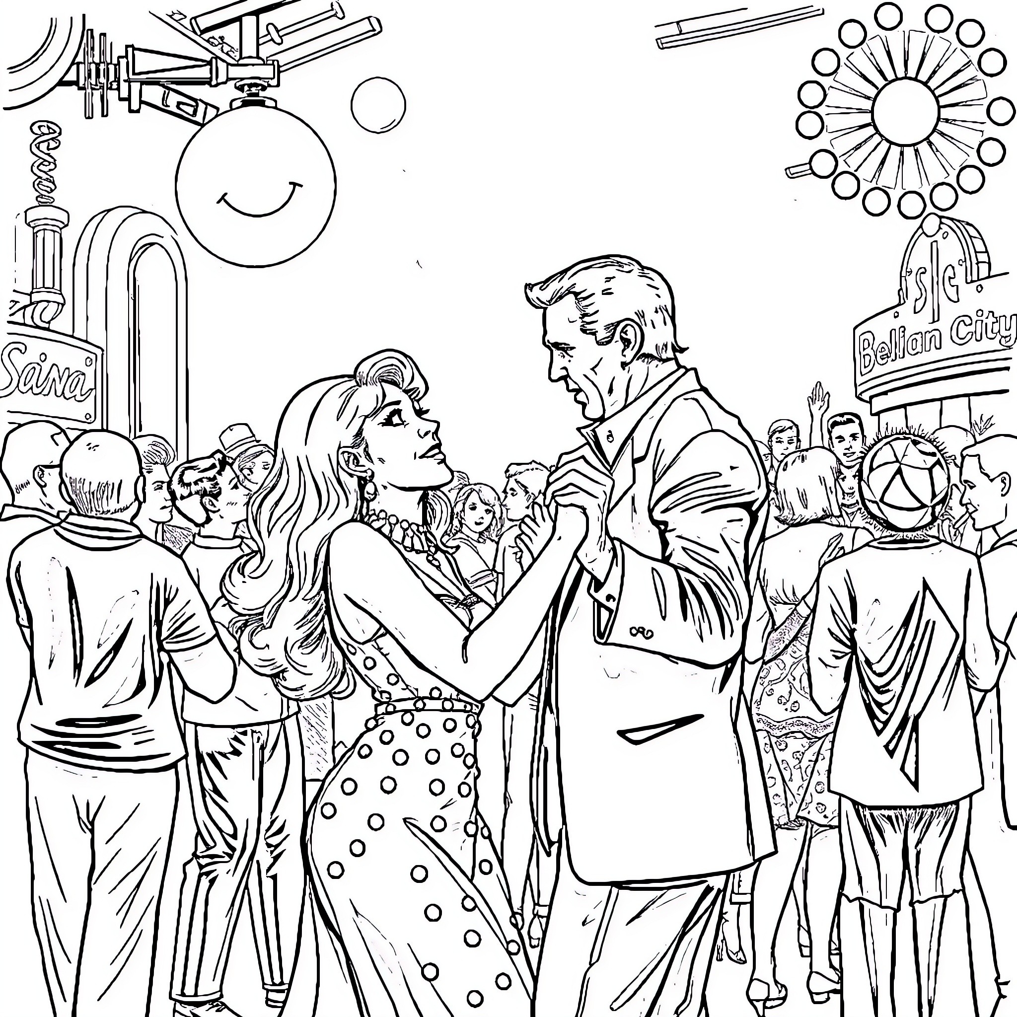 Nancy's lively day out with dancing and celebration Coloring Page (free black-and-white line drawing printable PDF for all, from beginners to advanced learners, including children, teens, adults, and seniors)