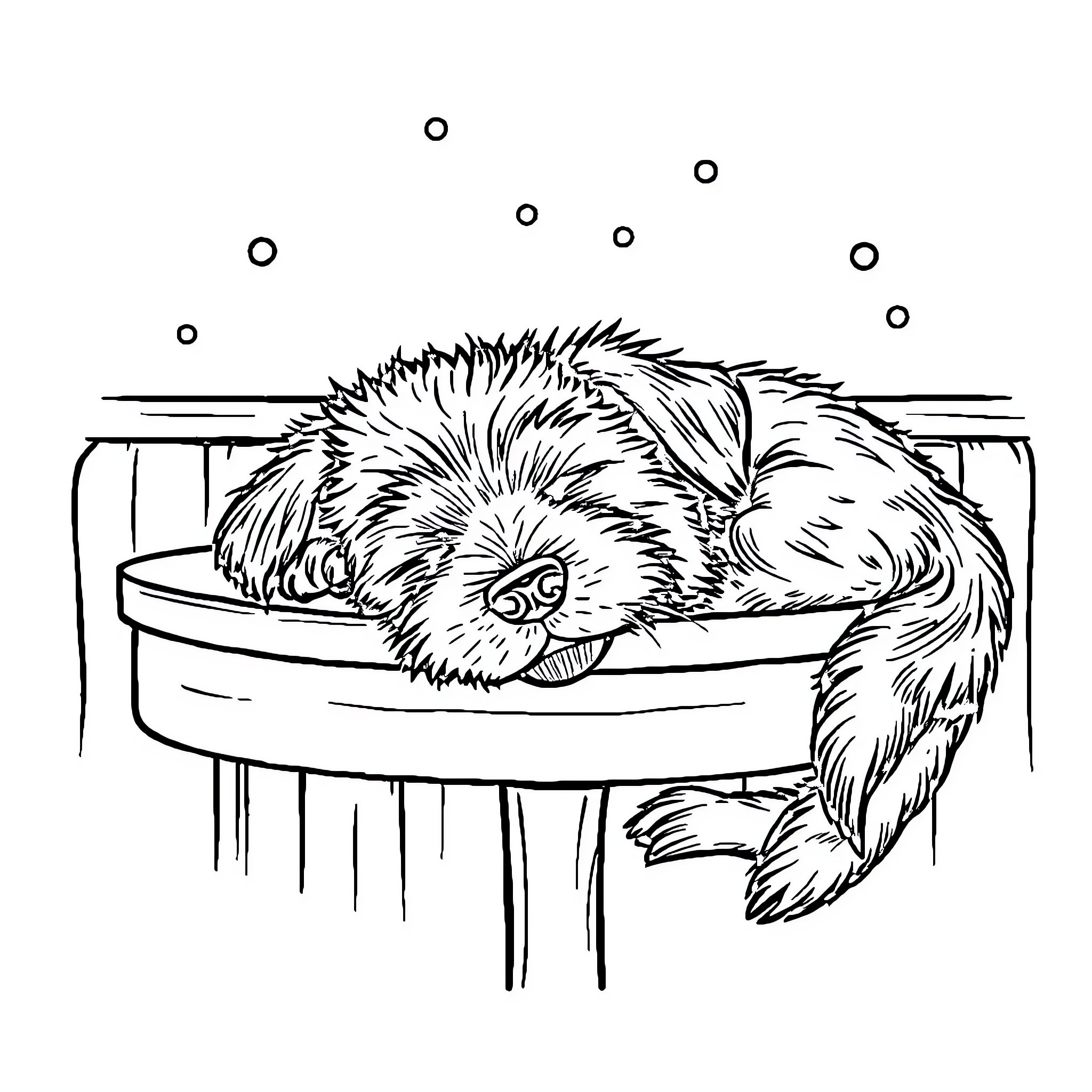 Dog napping peacefully in cozy bed Coloring Page (free black-and-white line drawing printable PDF for all, from beginners to advanced learners, including children, teens, adults, and seniors)