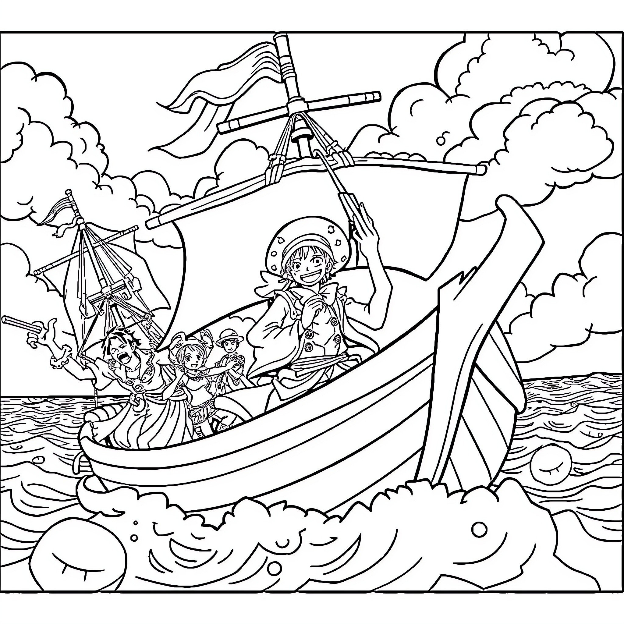 One Piece Characters Sailing on a Stormy Sea Coloring Page (free black-and-white line drawing printable PDF for all, from beginners to advanced learners, including children, teens, adults, and seniors)