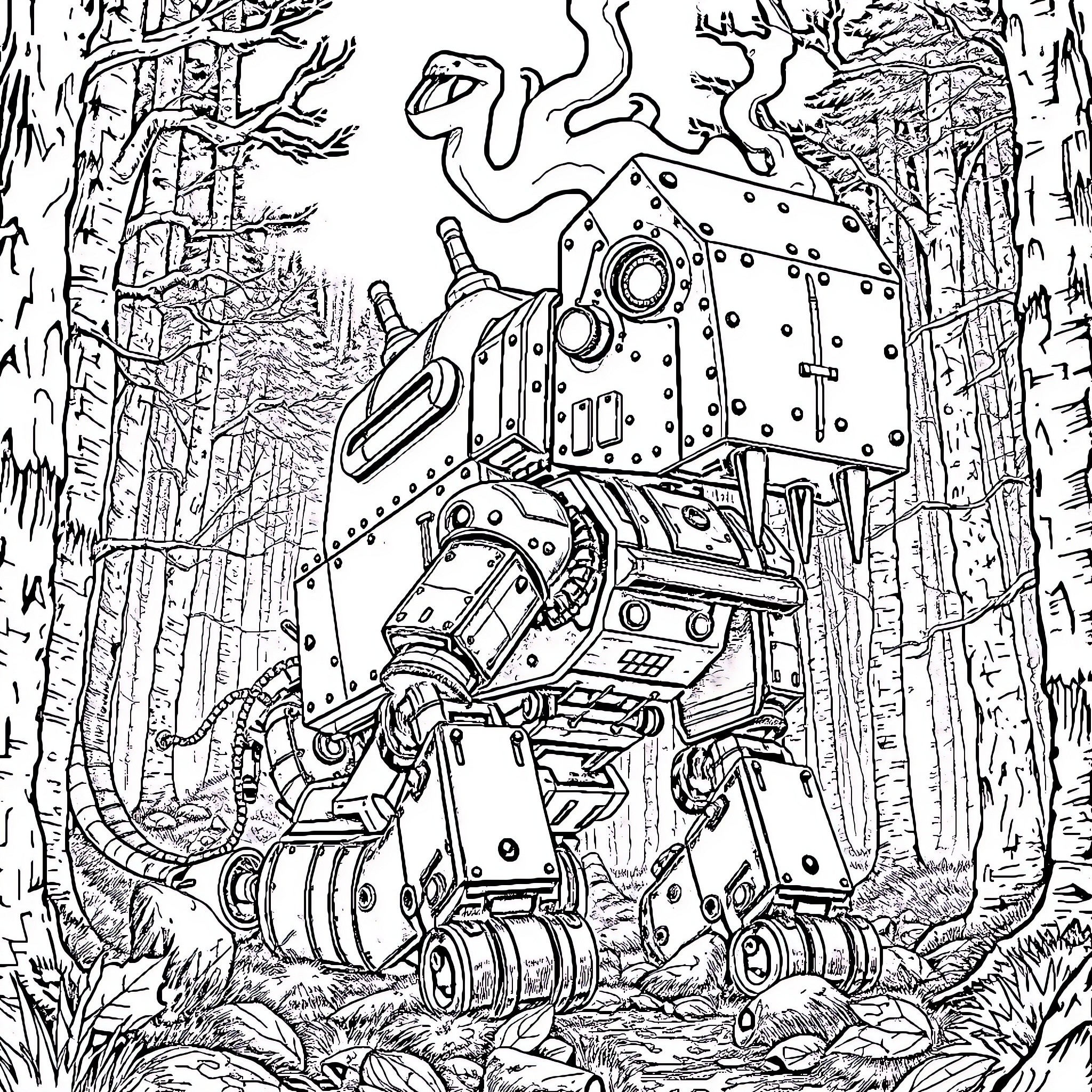 ClankER: Robotic Exploration in the Enchanted Forest Coloring Page (free black-and-white line drawing printable PDF for all, from beginners to advanced learners, including children, teens, adults, and seniors)