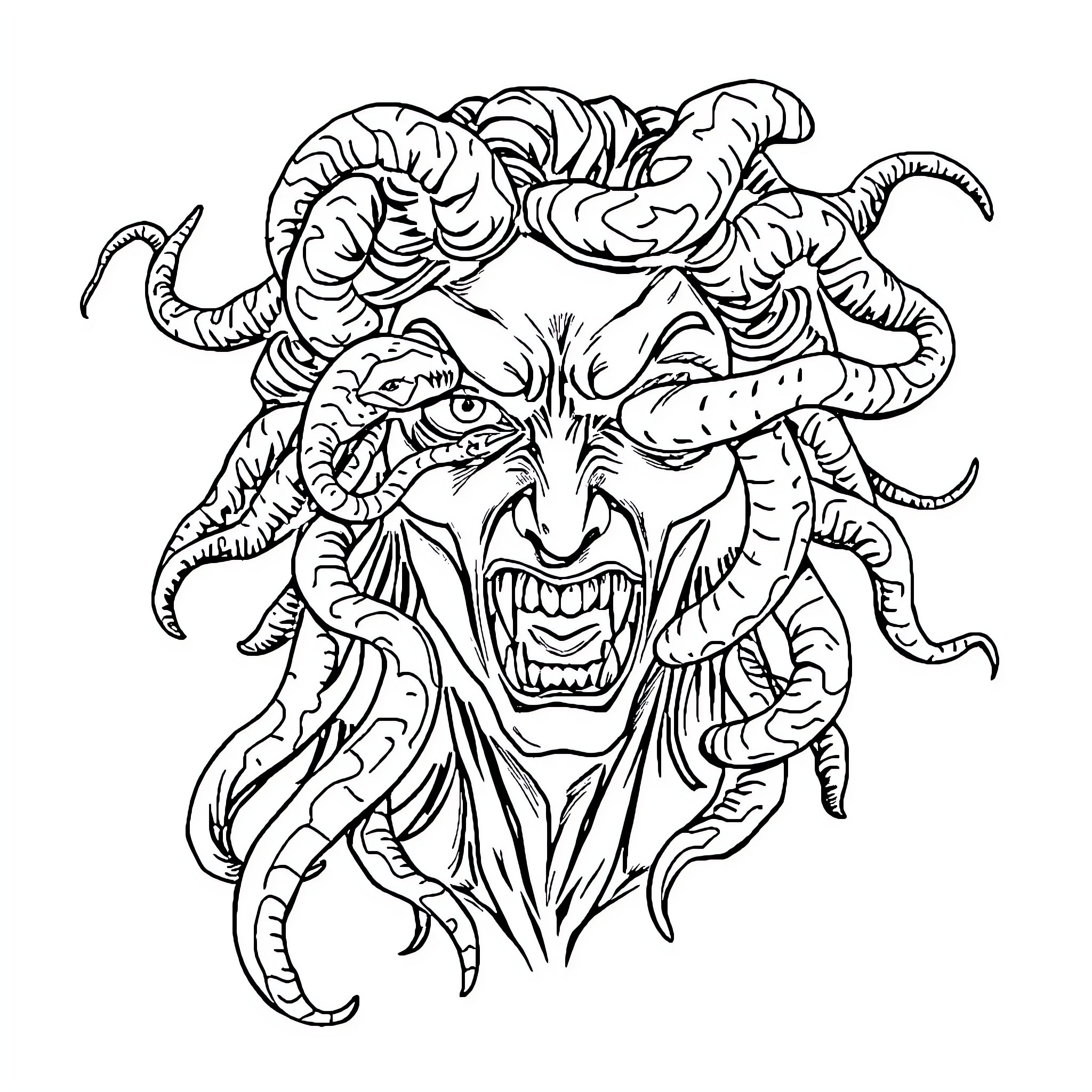Medusa's monstrous visage with writhing snakes Coloring Page (free black-and-white line drawing printable PDF for all, from beginners to advanced learners, including children, teens, adults, and seniors)