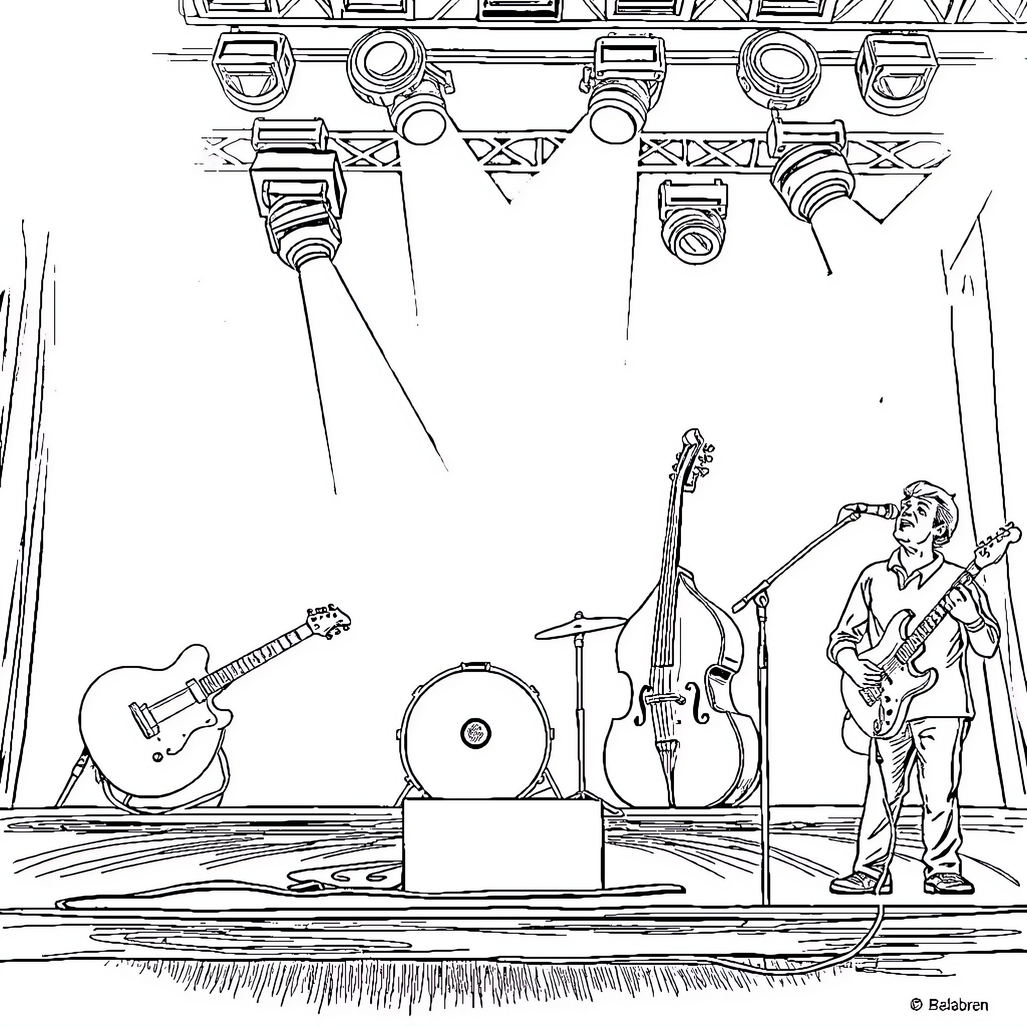 Rock Band Performing on Stage with Musical Instruments Coloring Page (free black-and-white line drawing printable PDF for all, from beginners to advanced learners, including children, teens, adults, and seniors)