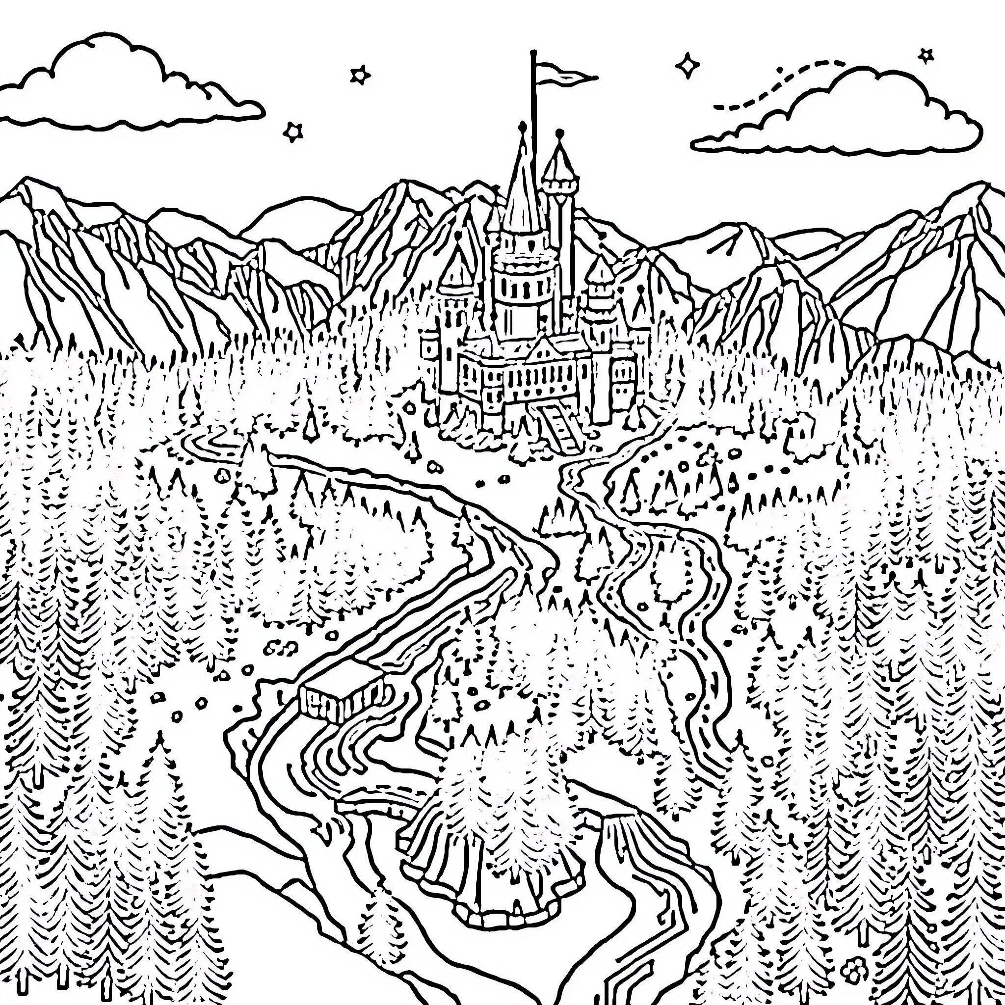 Princess in a Magical Castle Landscape Coloring Page (free black-and-white line drawing printable PDF for all, from beginners to advanced learners, including children, teens, adults, and seniors)