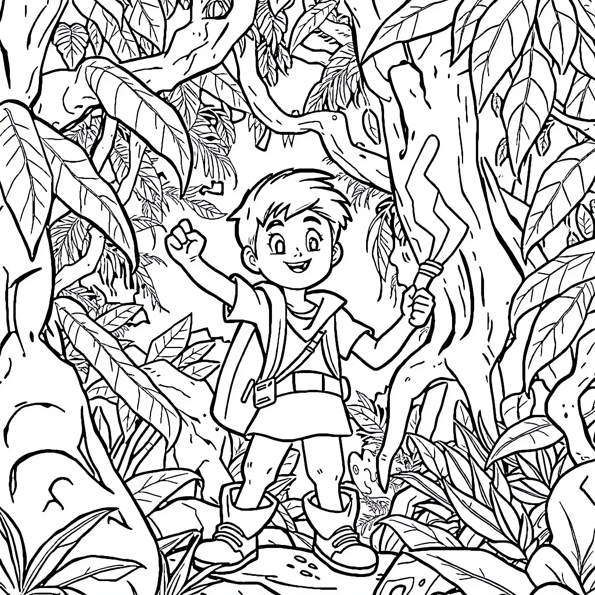 Johnny Quest exploring the mysterious jungle Coloring Page (free black-and-white line drawing printable PDF for all, from beginners to advanced learners, including children, teens, adults, and seniors)