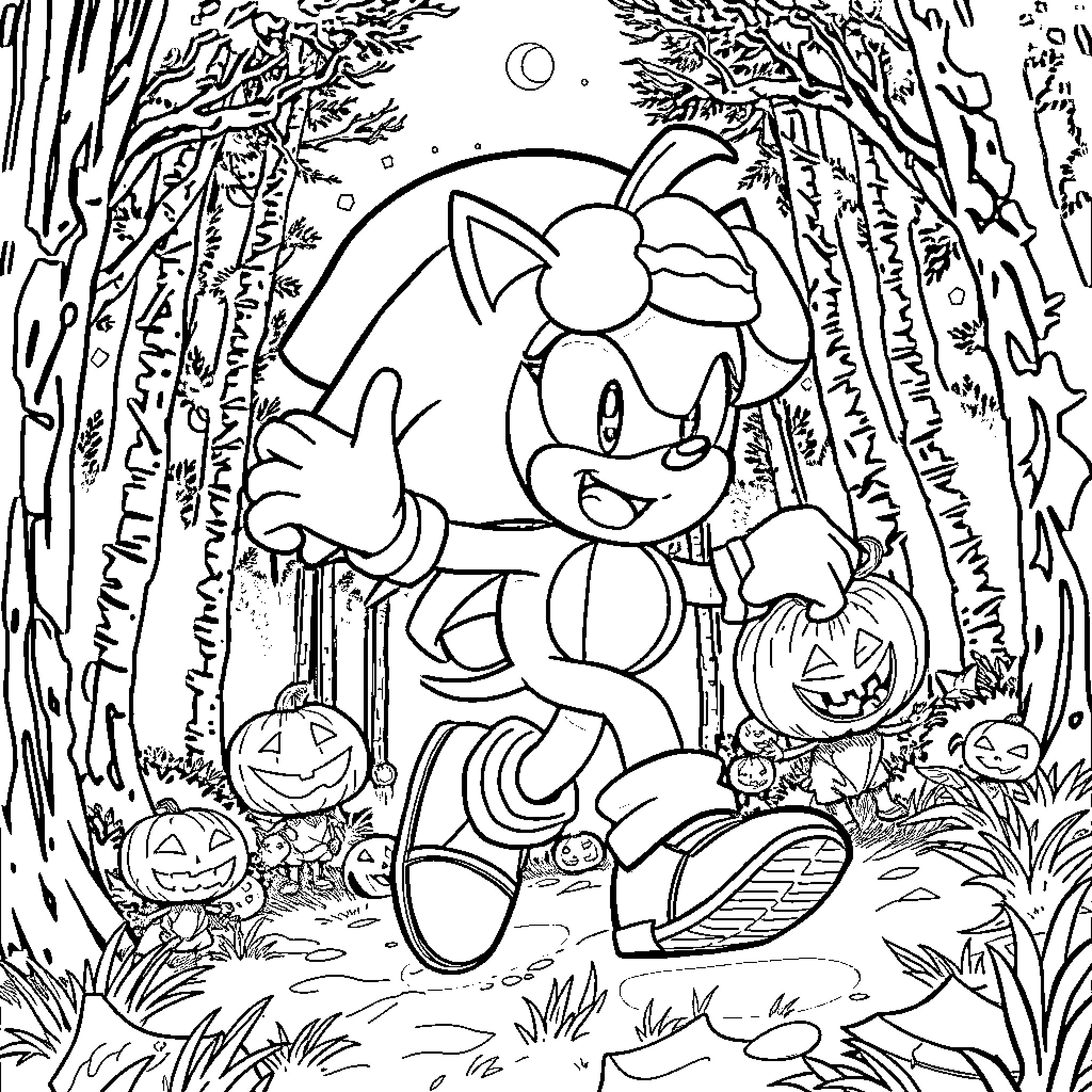 Sonic Exploring Spooky Forest with Pumpkins Coloring Page (free black-and-white line drawing printable PDF for all, from beginners to advanced learners, including children, teens, adults, and seniors)