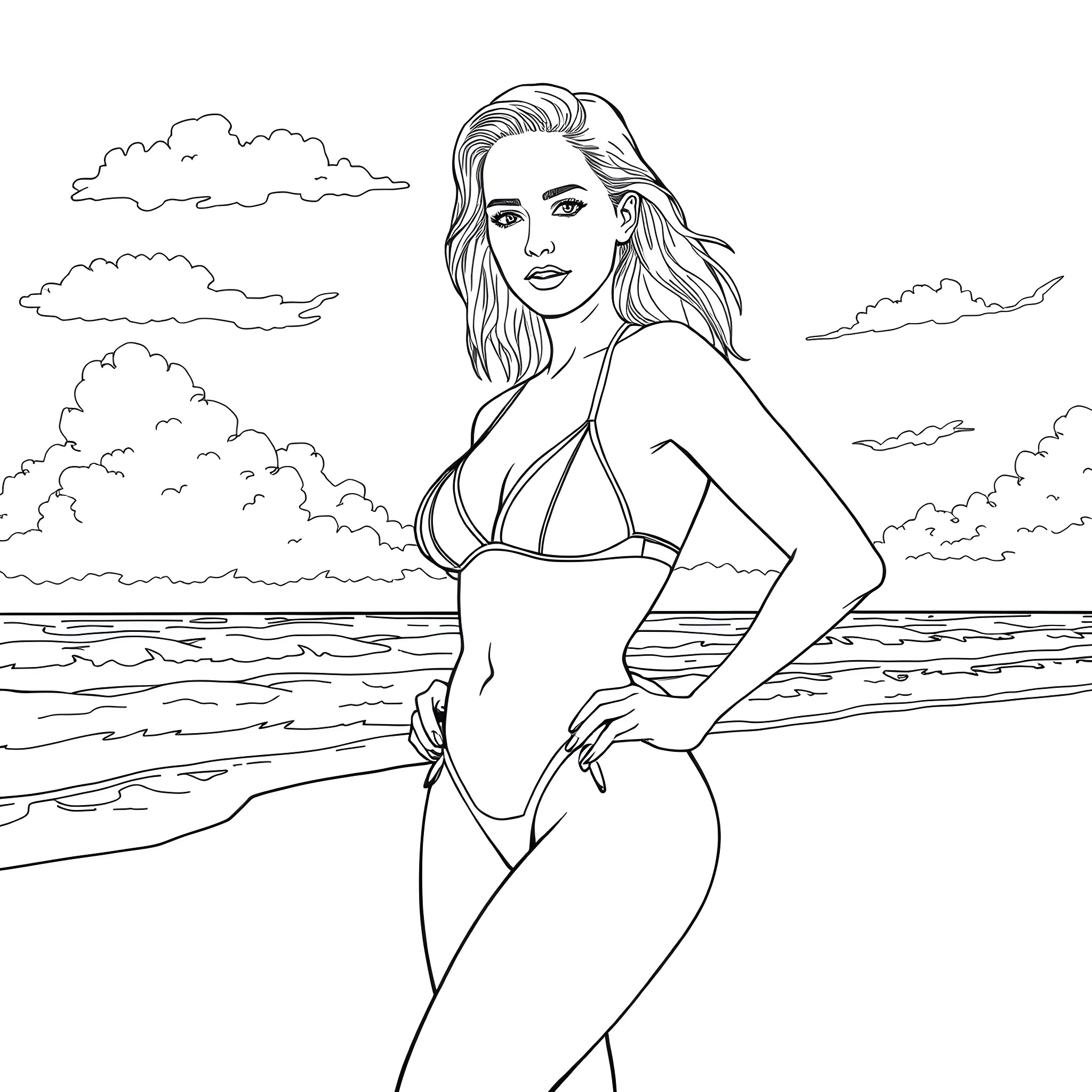 Jennifer Lawrence in a swimsuit on the beach Coloring Page (free black-and-white line drawing printable PDF for all, from beginners to advanced learners, including children, teens, adults, and seniors)