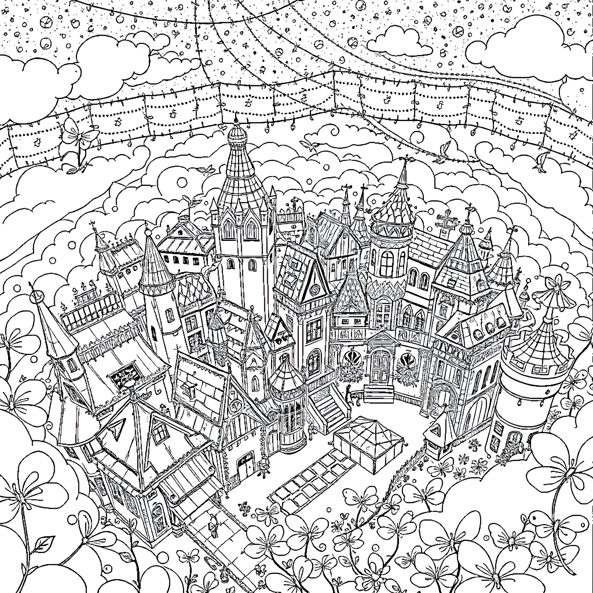 Fairy Wonderland of Whimsical Castles and Enchantments Coloring Page (free black-and-white line drawing printable PDF for all, from beginners to advanced learners, including children, teens, adults, and seniors)