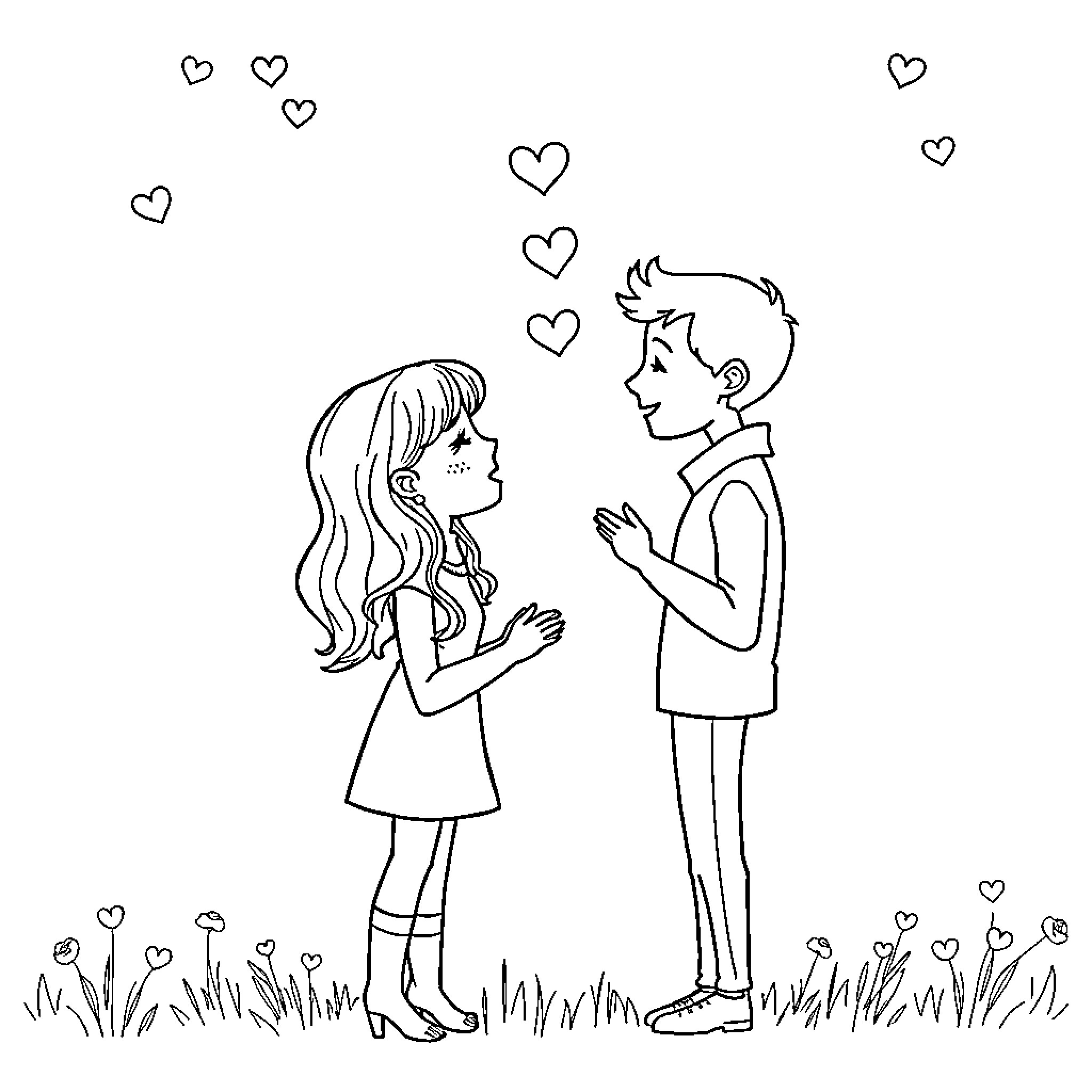 Cat couple in romantic moment Coloring Page (free black-and-white line drawing printable PDF for all, from beginners to advanced learners, including children, teens, adults, and seniors)