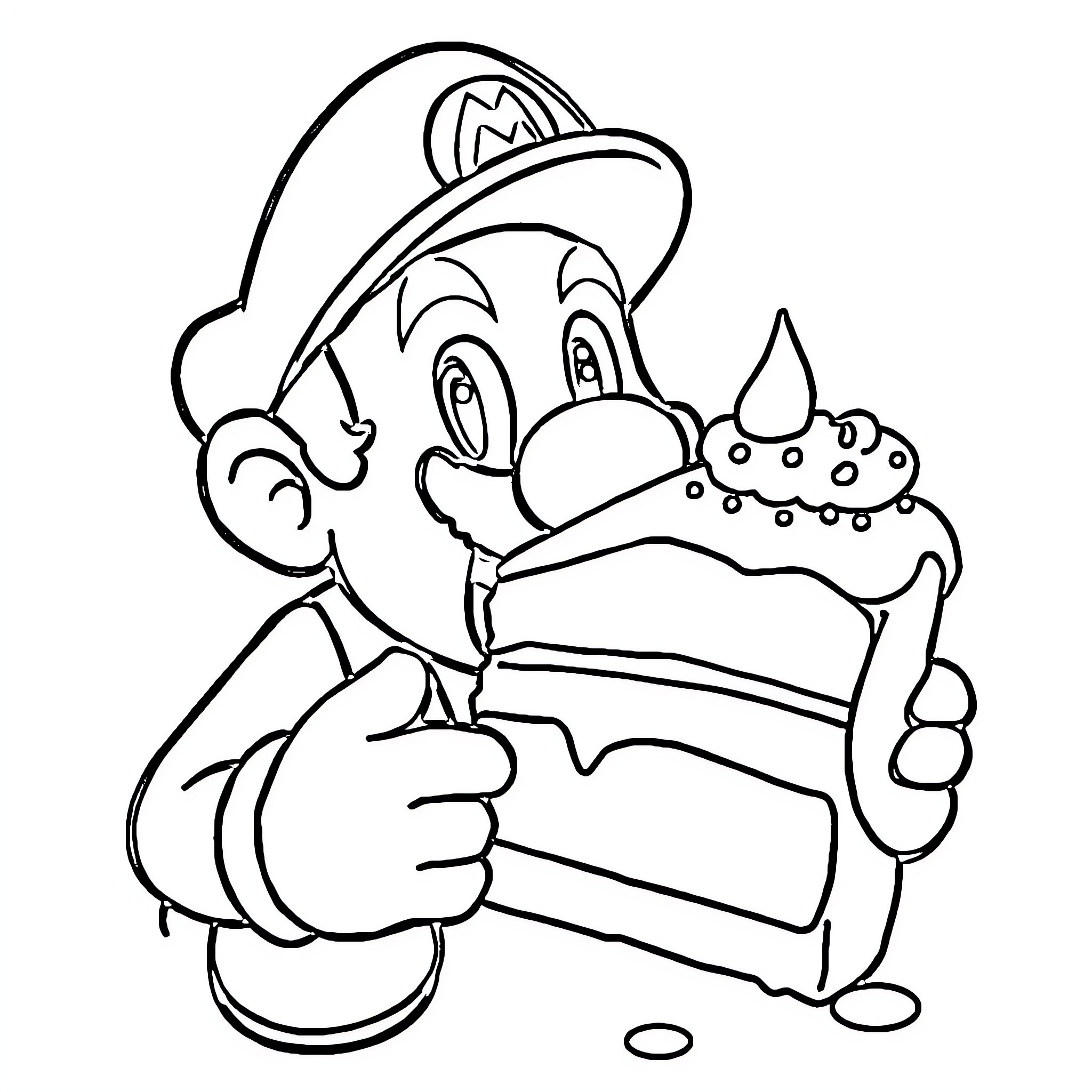Super Mario Eating a Cupcake with Joy Coloring Page (free black-and-white line drawing printable PDF for all, from beginners to advanced learners, including children, teens, adults, and seniors)