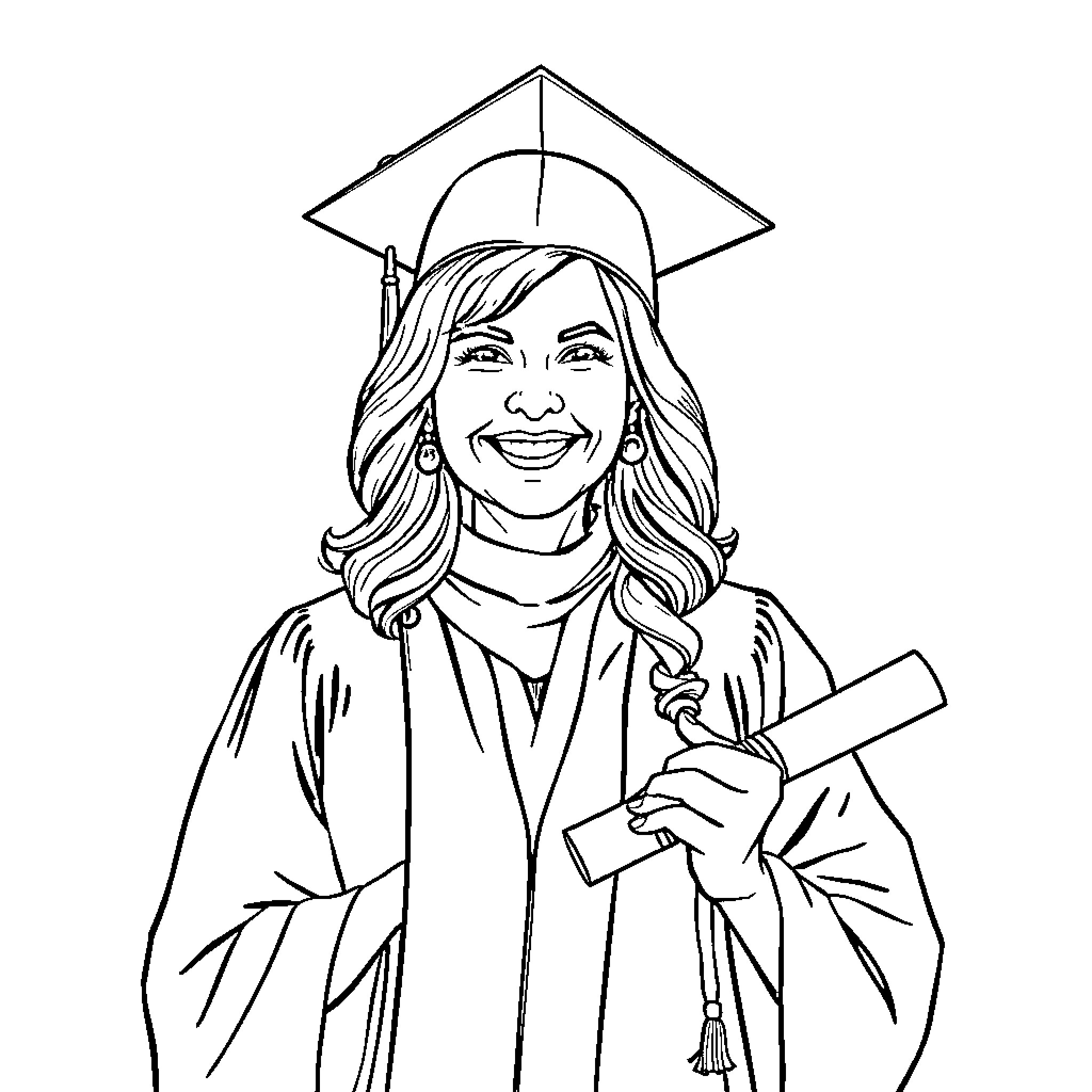 Mom Celebrating Graduation with Diploma and Gown Coloring Page (free black-and-white line drawing printable PDF for all, from beginners to advanced learners, including children, teens, adults, and seniors)