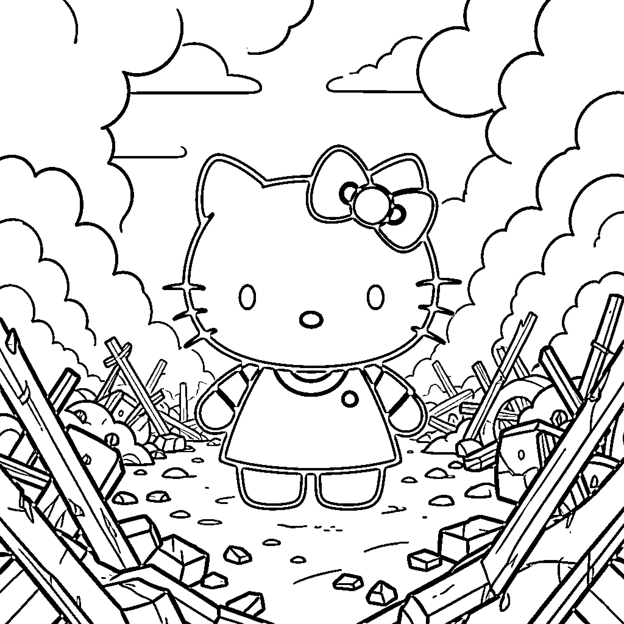 Hello Kitty exploring in the ruins Coloring Page (free black-and-white line drawing printable PDF for all, from beginners to advanced learners, including children, teens, adults, and seniors)