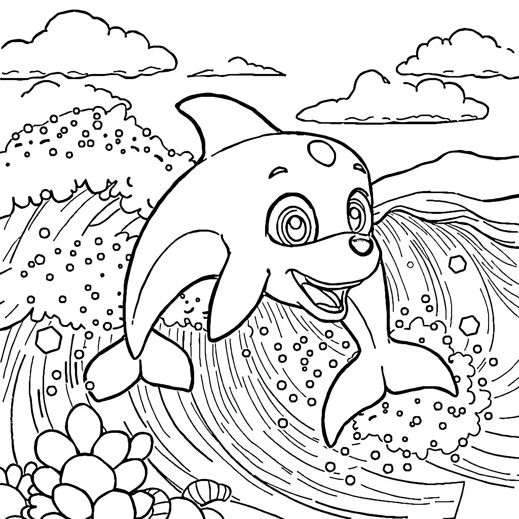 Dolphin swimming playfully in the ocean Coloring Page (free black-and-white line drawing printable PDF for all, from beginners to advanced learners, including children, teens, adults, and seniors)