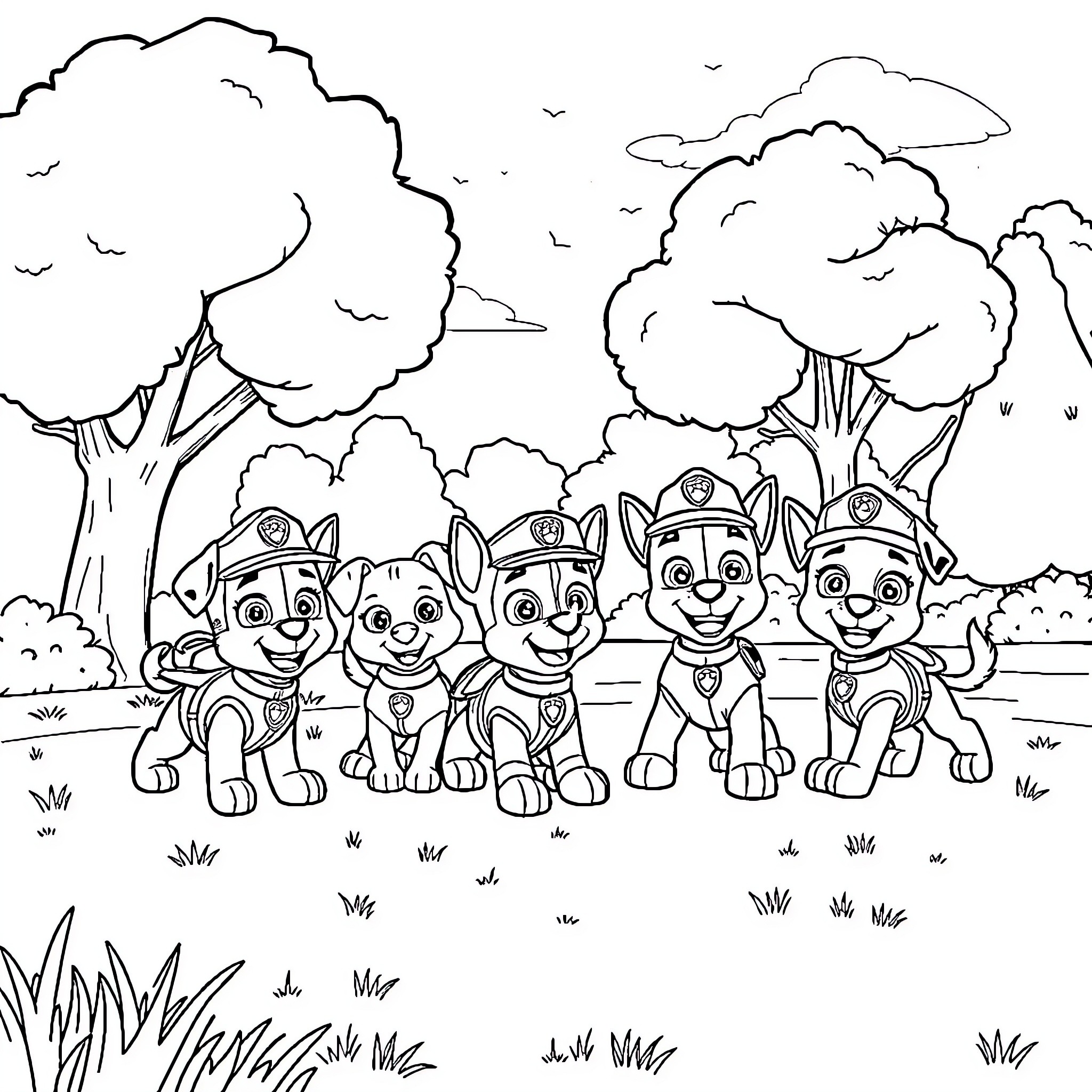 Paw Patrol characters on an outdoor adventure Coloring Page (free black-and-white line drawing printable PDF for all, from beginners to advanced learners, including children, teens, adults, and seniors)