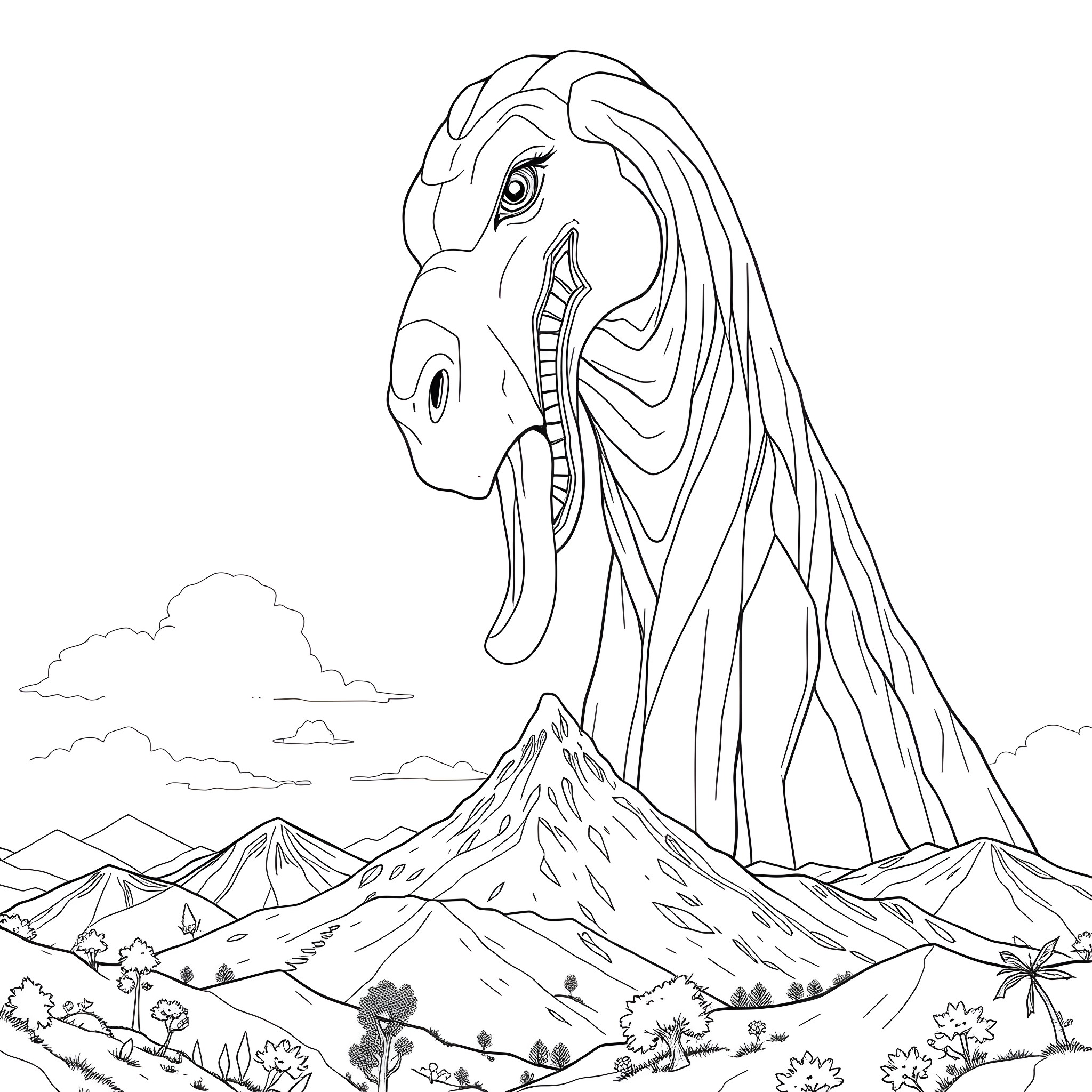 Giantess dragon soaring over the mountain landscape Coloring Page (free black-and-white line drawing printable PDF for all, from beginners to advanced learners, including children, teens, adults, and seniors)