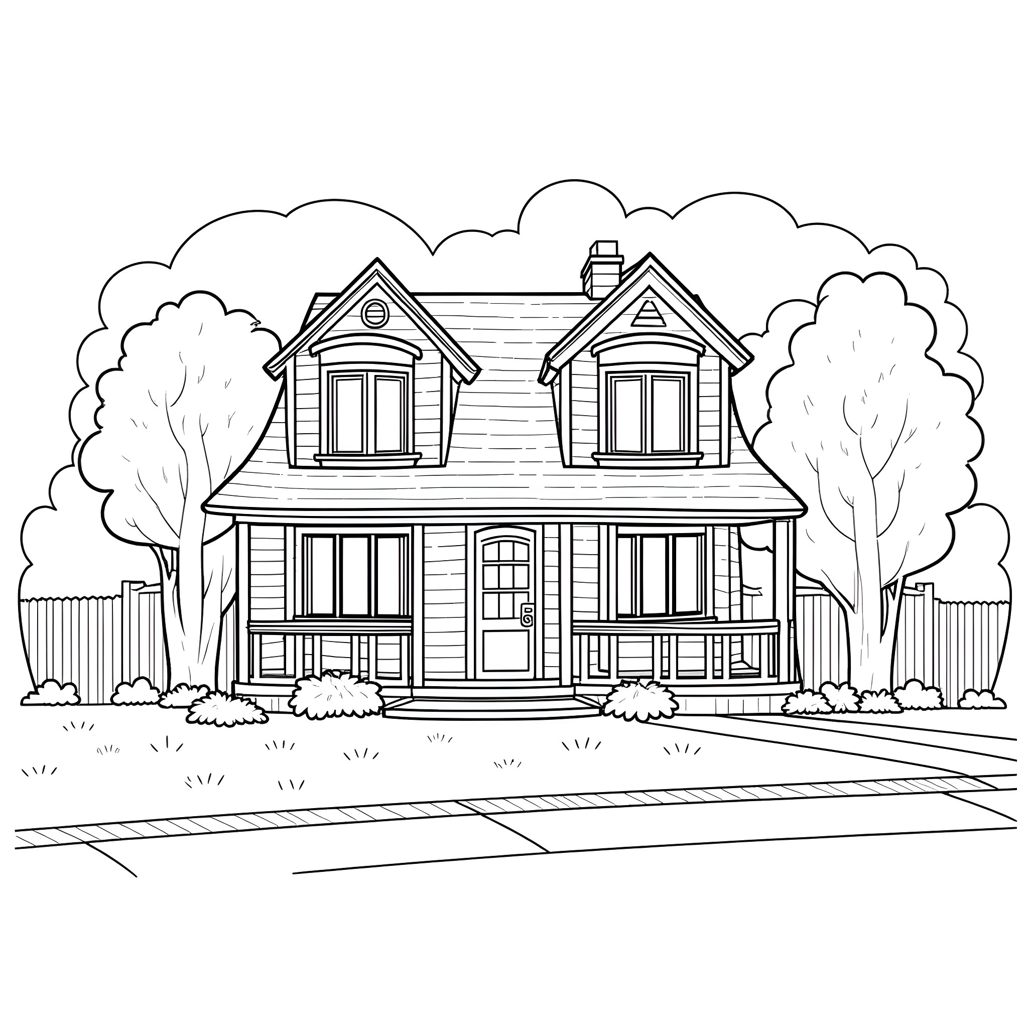 House with a cozy porch in a serene neighborhood Coloring Page (free black-and-white line drawing printable PDF for all, from beginners to advanced learners, including children, teens, adults, and seniors)
