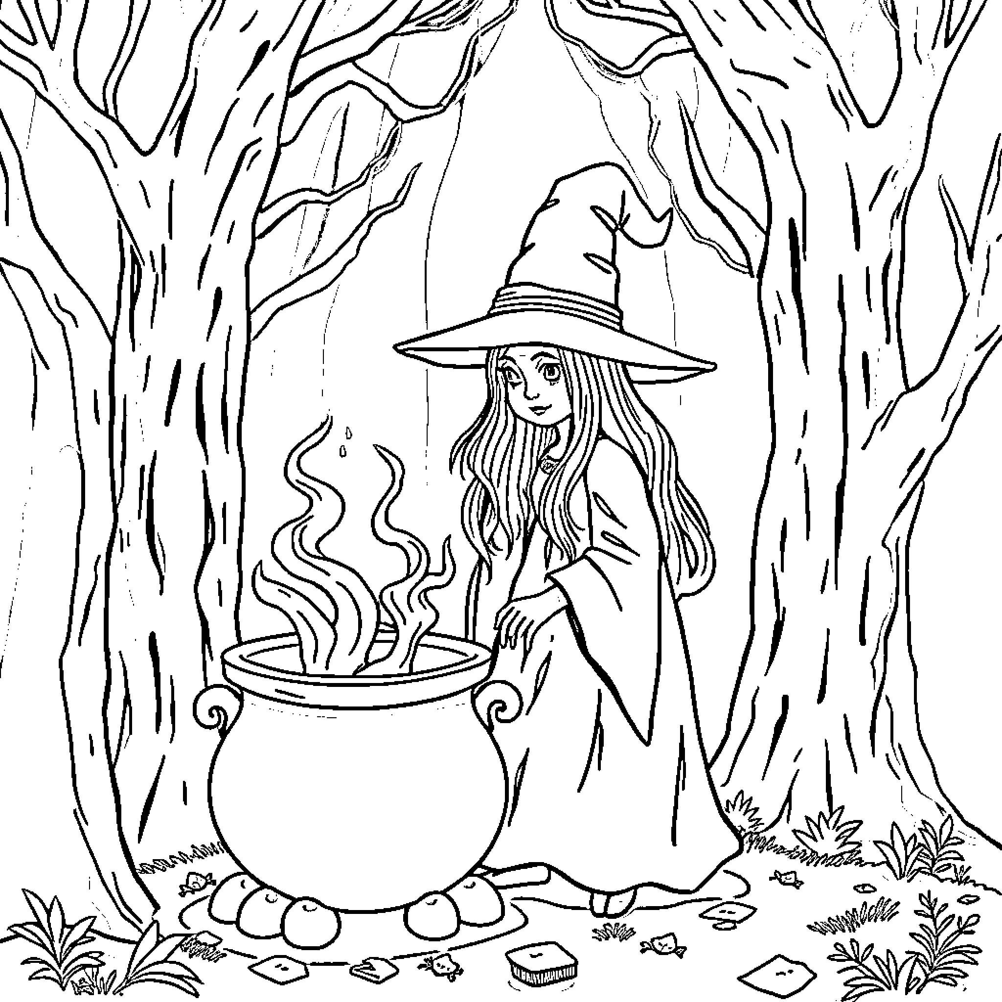 Witch Brewing Potion in the Enchanted Forest Coloring Page (free black-and-white line drawing printable PDF for all, from beginners to advanced learners, including children, teens, adults, and seniors)