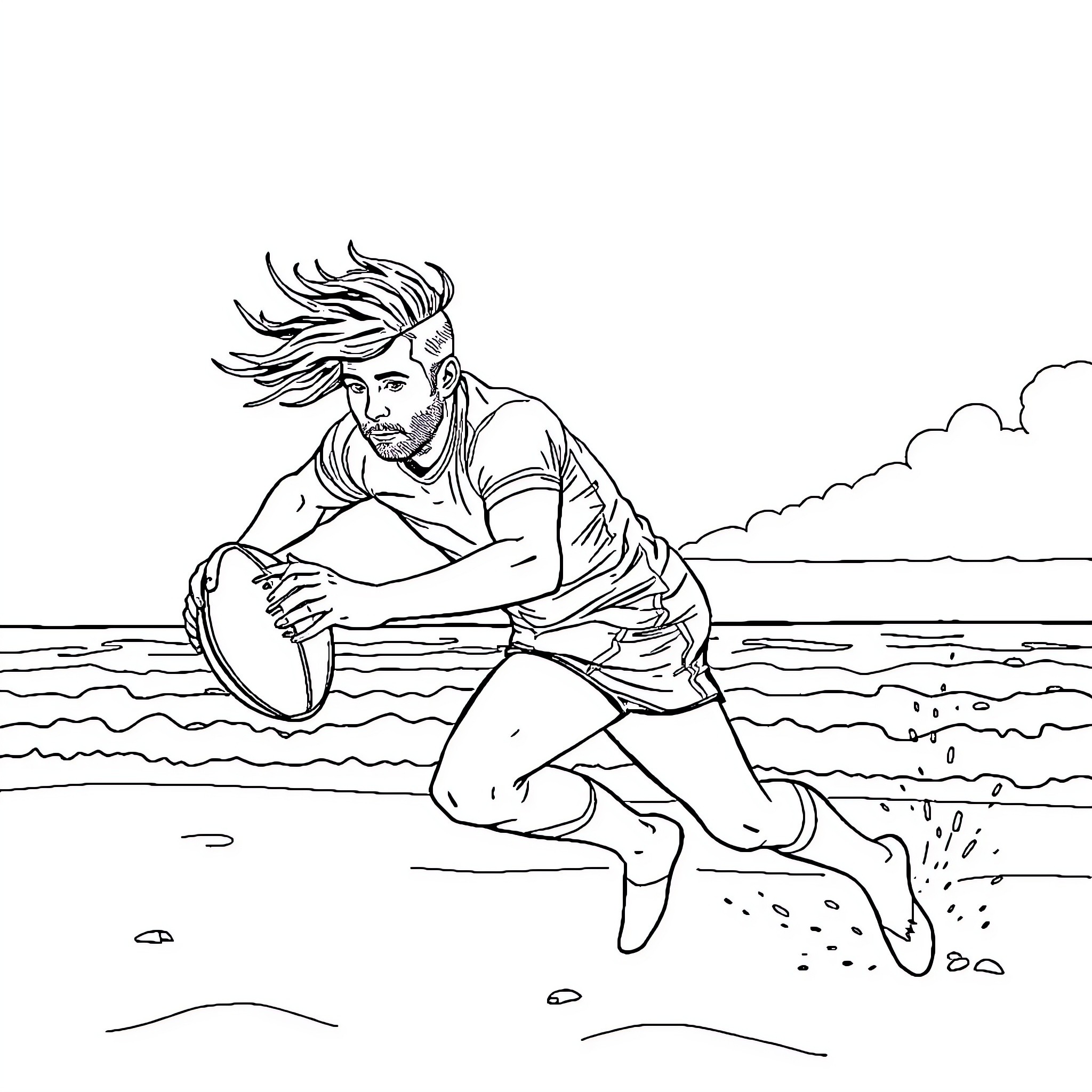 Rugby Player Sprinting with Ball on Beach Coloring Page (free black-and-white line drawing printable PDF for all, from beginners to advanced learners, including children, teens, adults, and seniors)