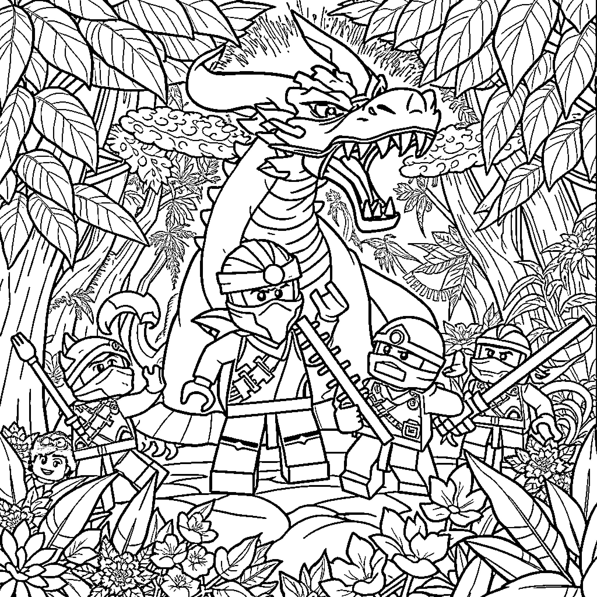 Lego Ninjago characters in an epic jungle battle Coloring Page (free black-and-white line drawing printable PDF for all, from beginners to advanced learners, including children, teens, adults, and seniors)