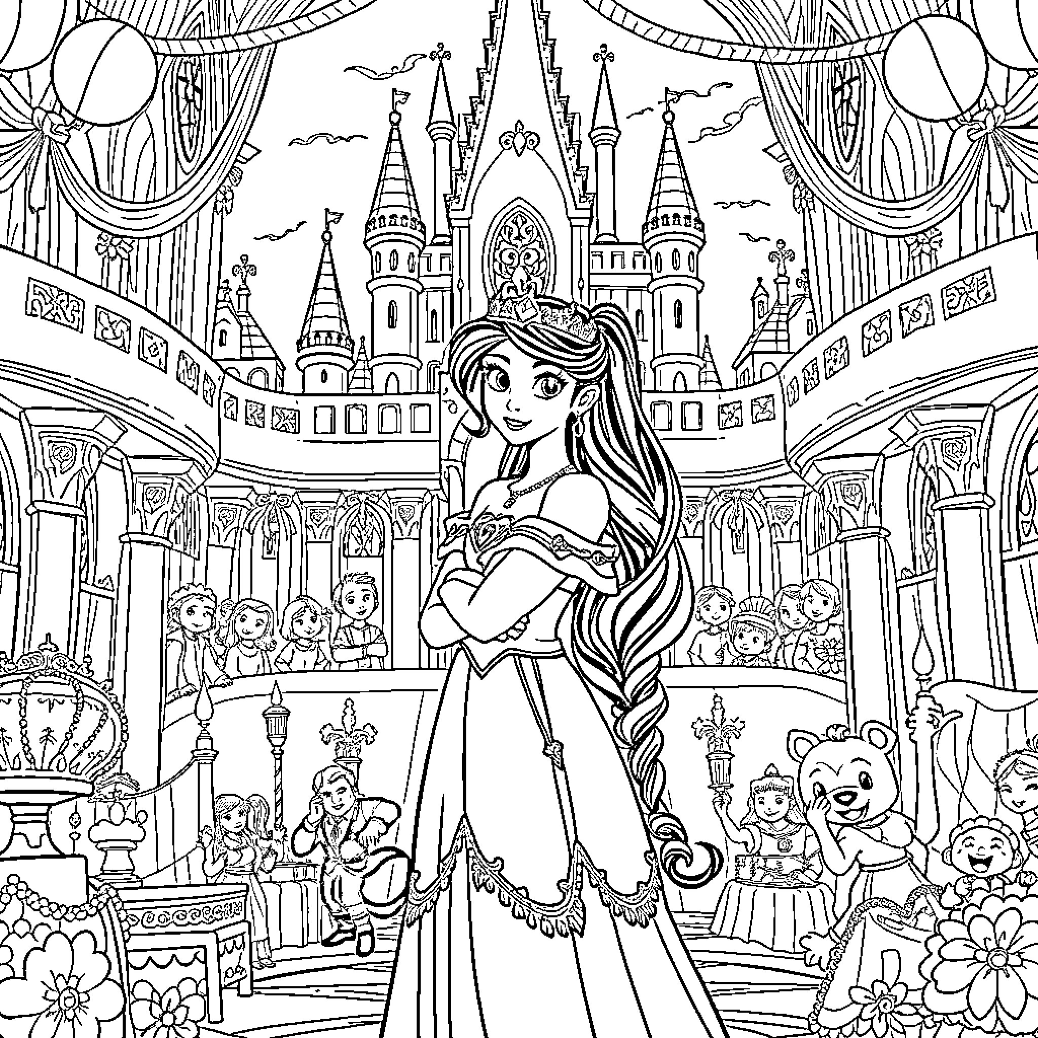 Elena's Enchanting Castle Adventure Coloring Page (free black-and-white line drawing printable PDF for all, from beginners to advanced learners, including children, teens, adults, and seniors)